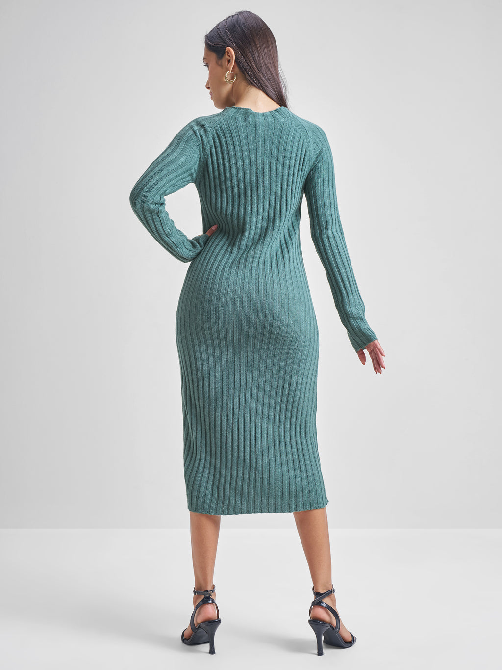 Tokyo Talkies Womens Pine Round Neck Longline Sweater - Green - Image 3