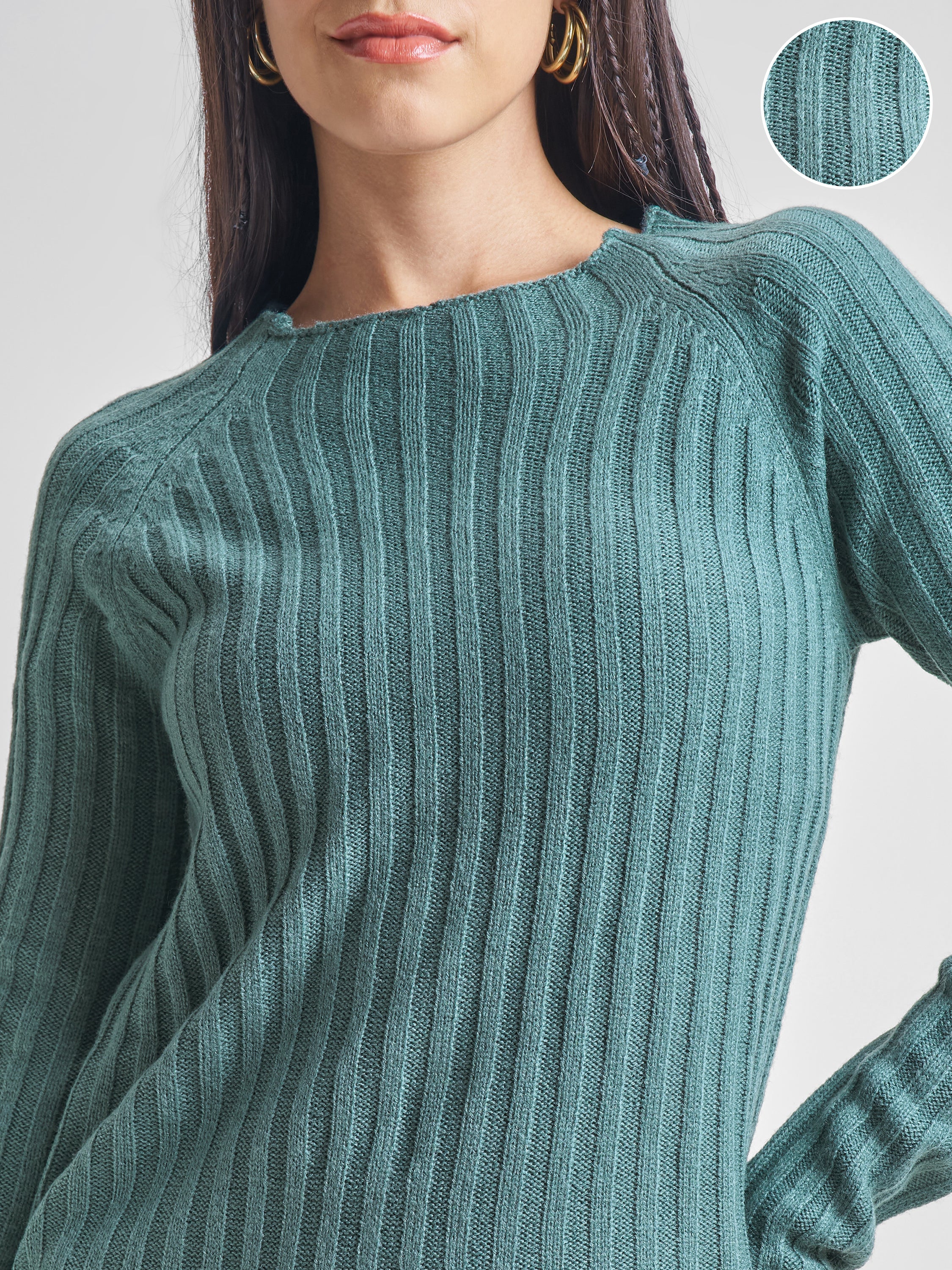 Tokyo Talkies Womens Pine Round Neck Longline Sweater - Green - Image 5