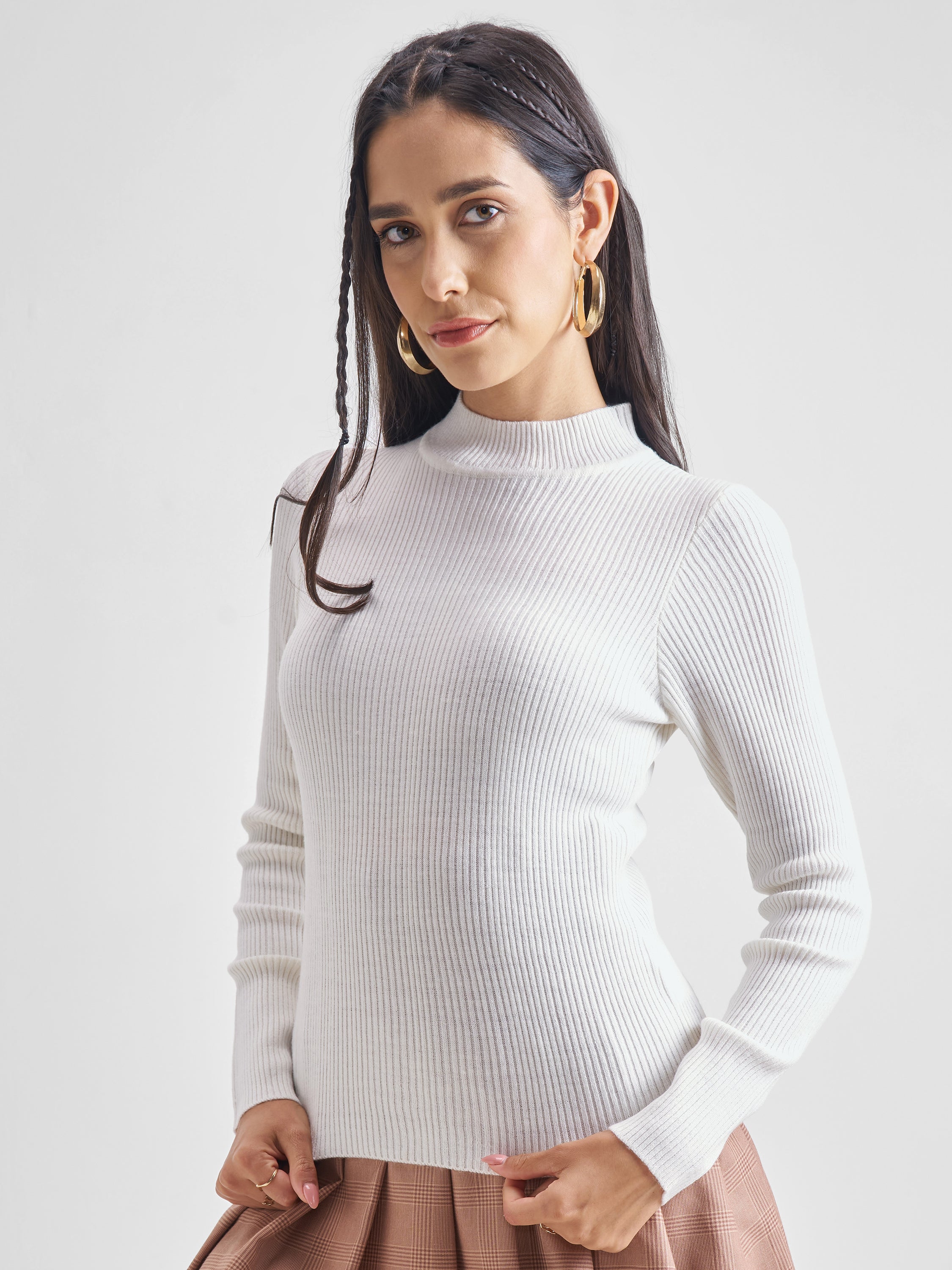 Tokyo Talkies Womens High Neck Long Sleeve Sweater - White - Image 4