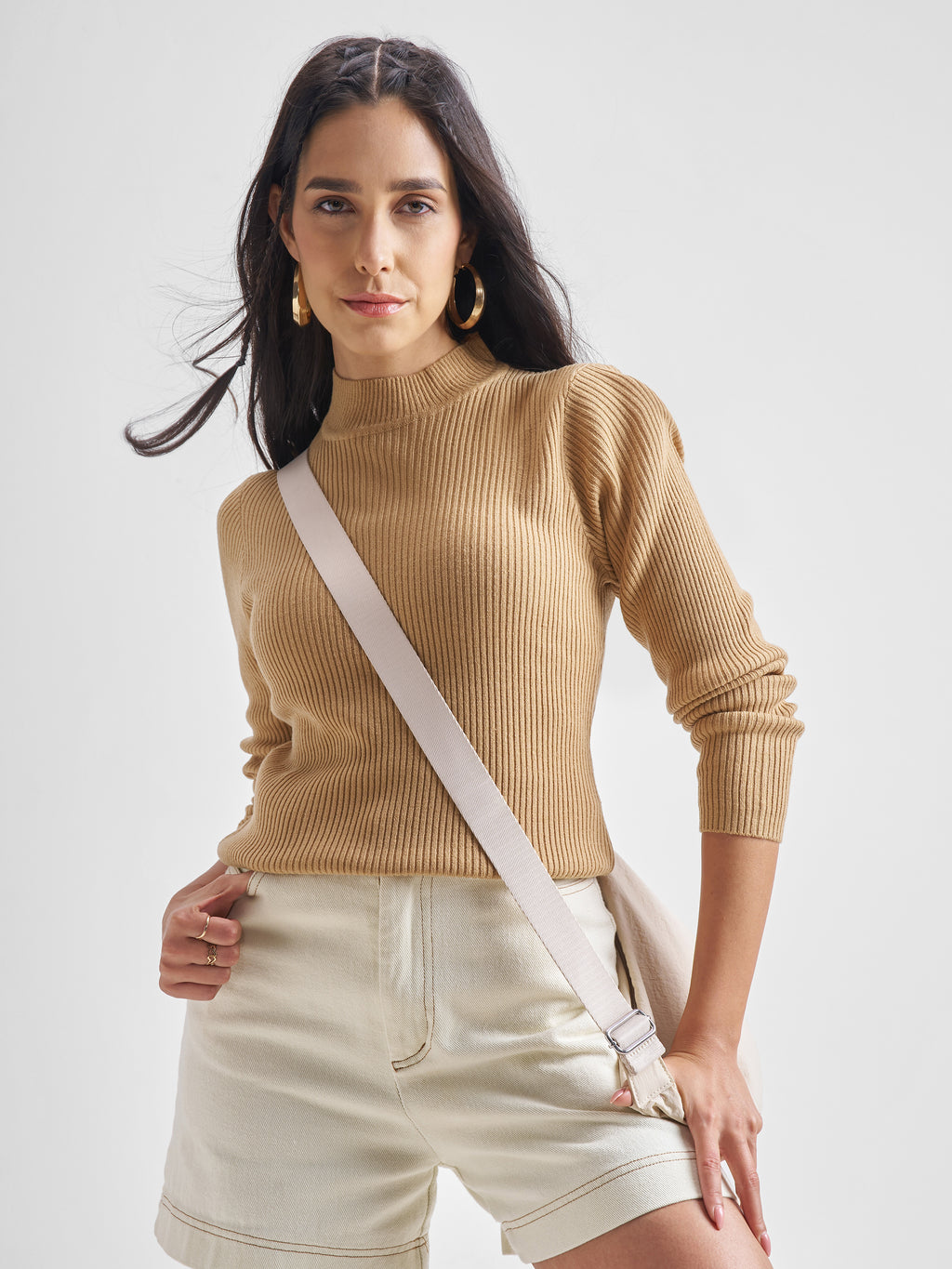 Tokyo Talkies Womens High Neck Long Sleeve Sweater - Beige - Image 1
