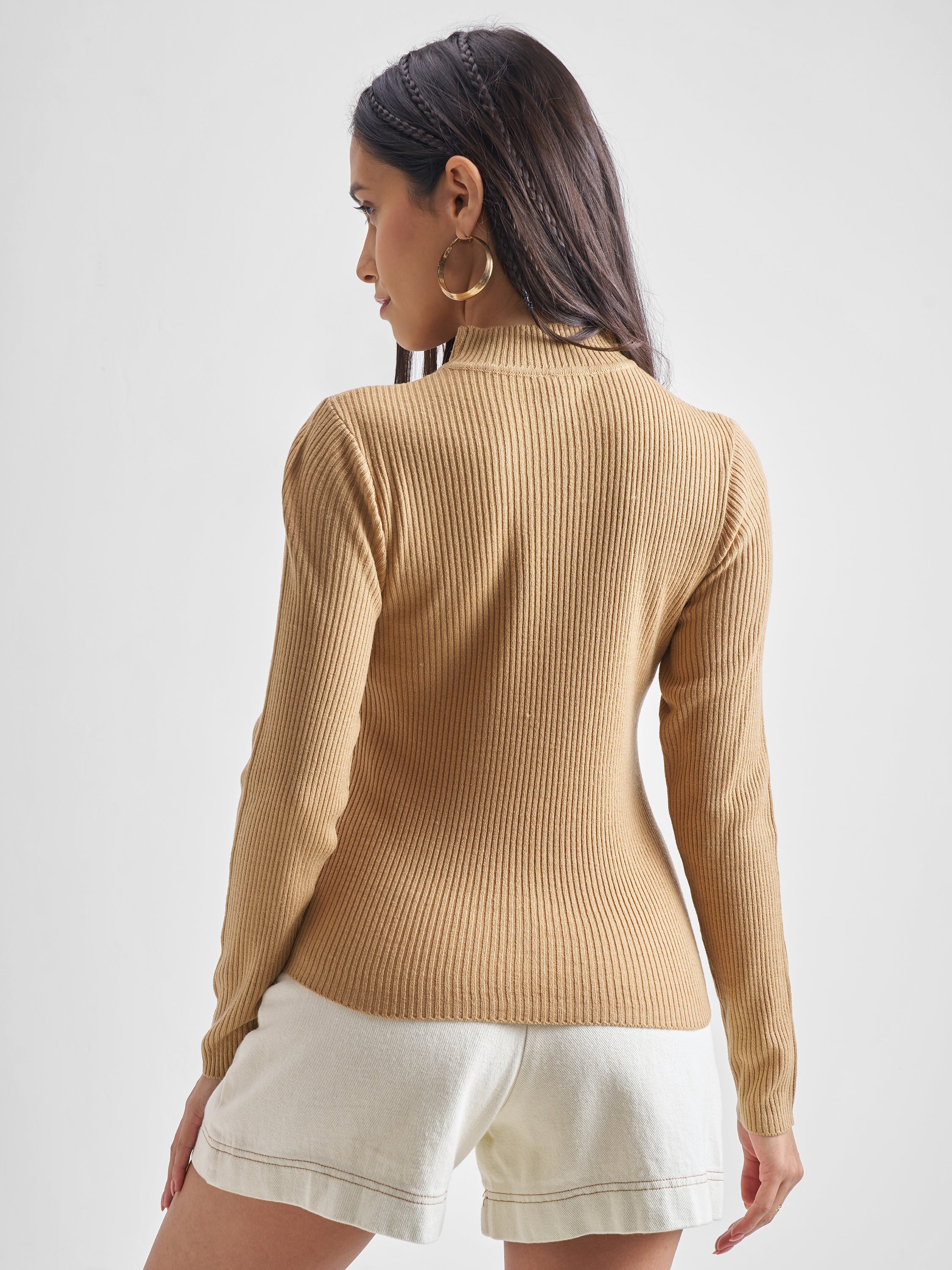 Tokyo Talkies Womens High Neck Long Sleeve Sweater - Beige - Image 3