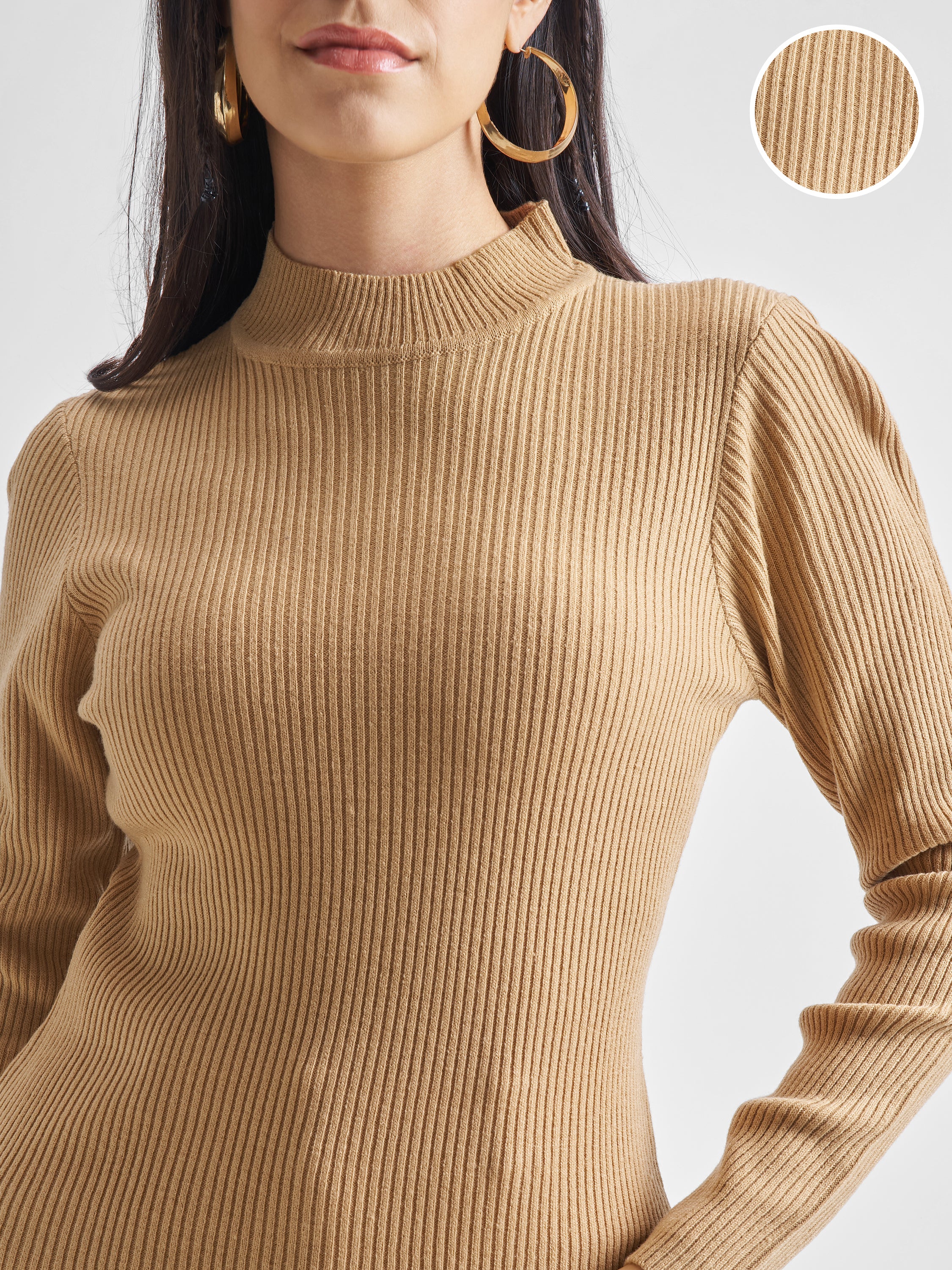 Tokyo Talkies Womens High Neck Long Sleeve Sweater - Beige - Image 5