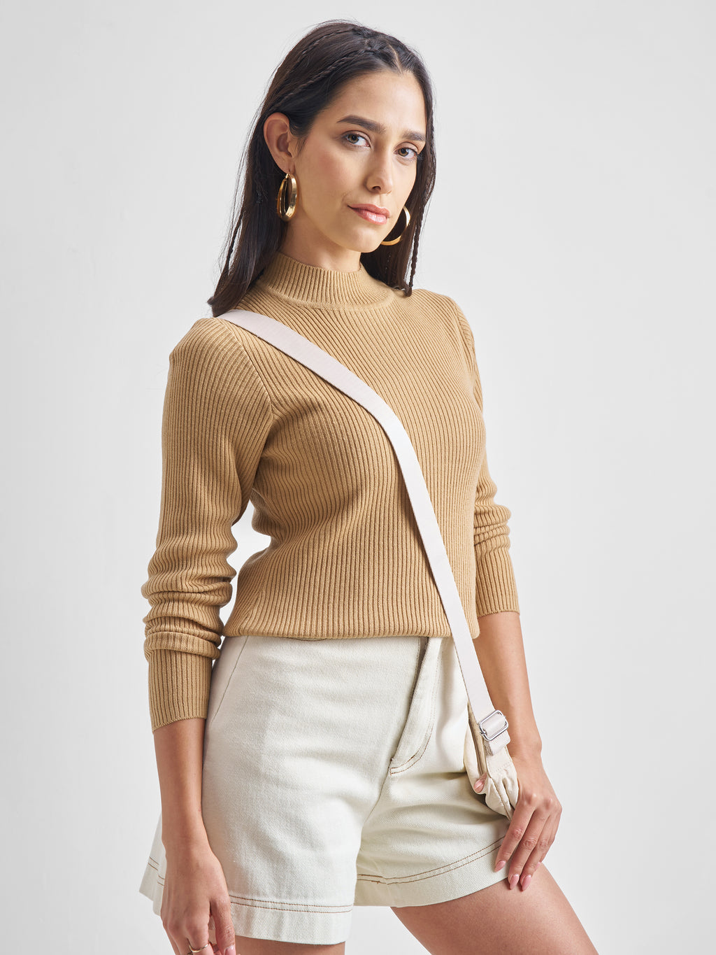 Tokyo Talkies Womens High Neck Long Sleeve Sweater - Beige - Image 6