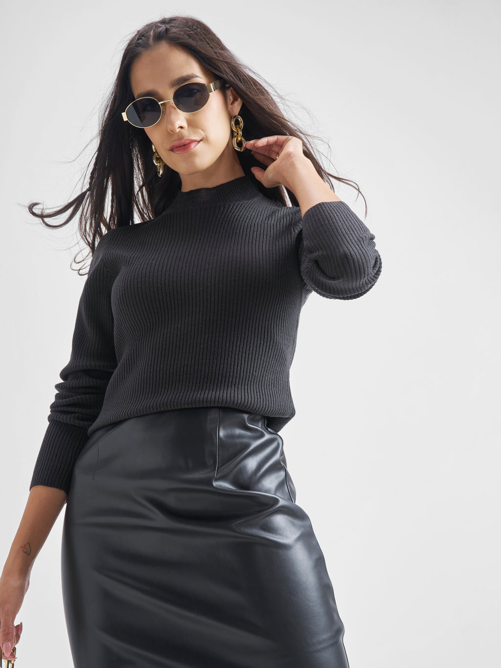 Tokyo Talkies Womens High Neck Long Sleeve Sweater - Black - Image 1
