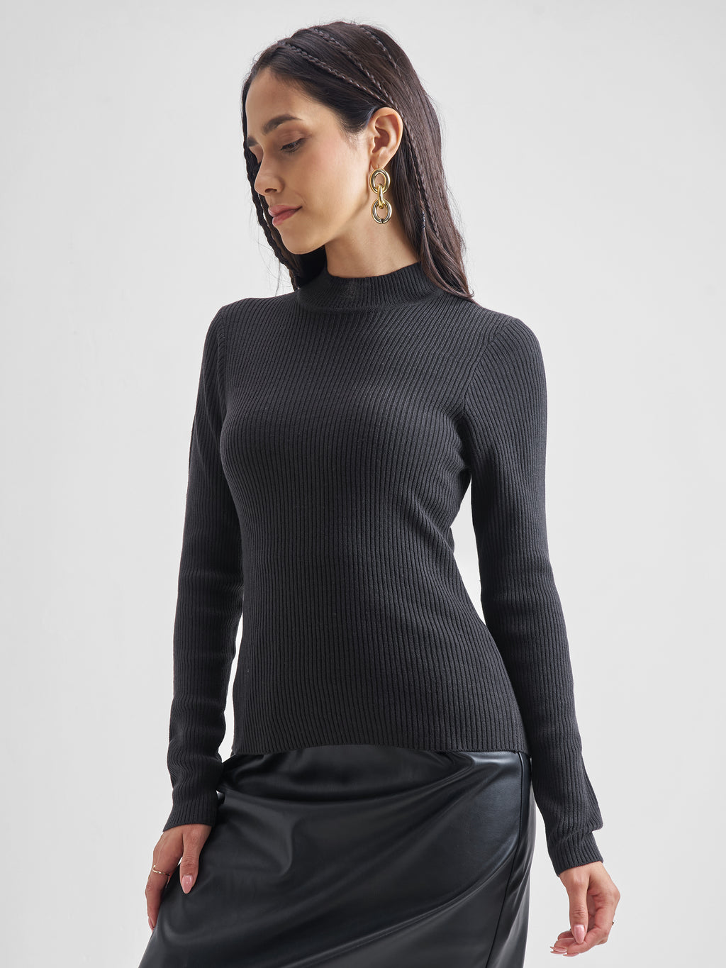 Tokyo Talkies Womens High Neck Long Sleeve Sweater - Black - Image 4