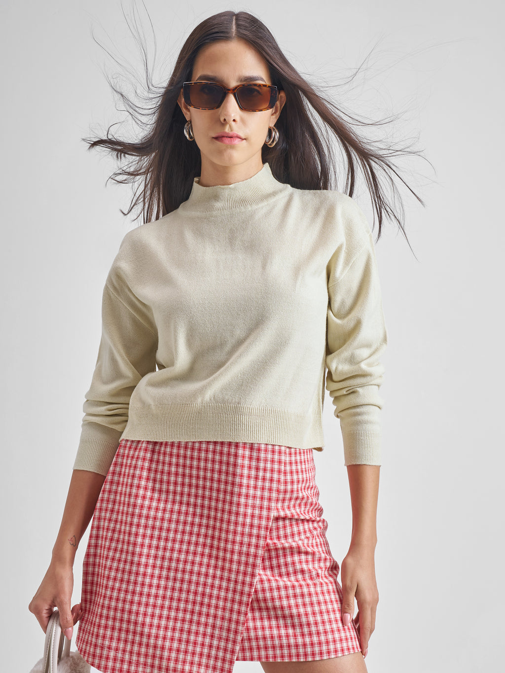 Tokyo Talkies Womens High Neck Long Sleeve Sweater - Beige - Image 1