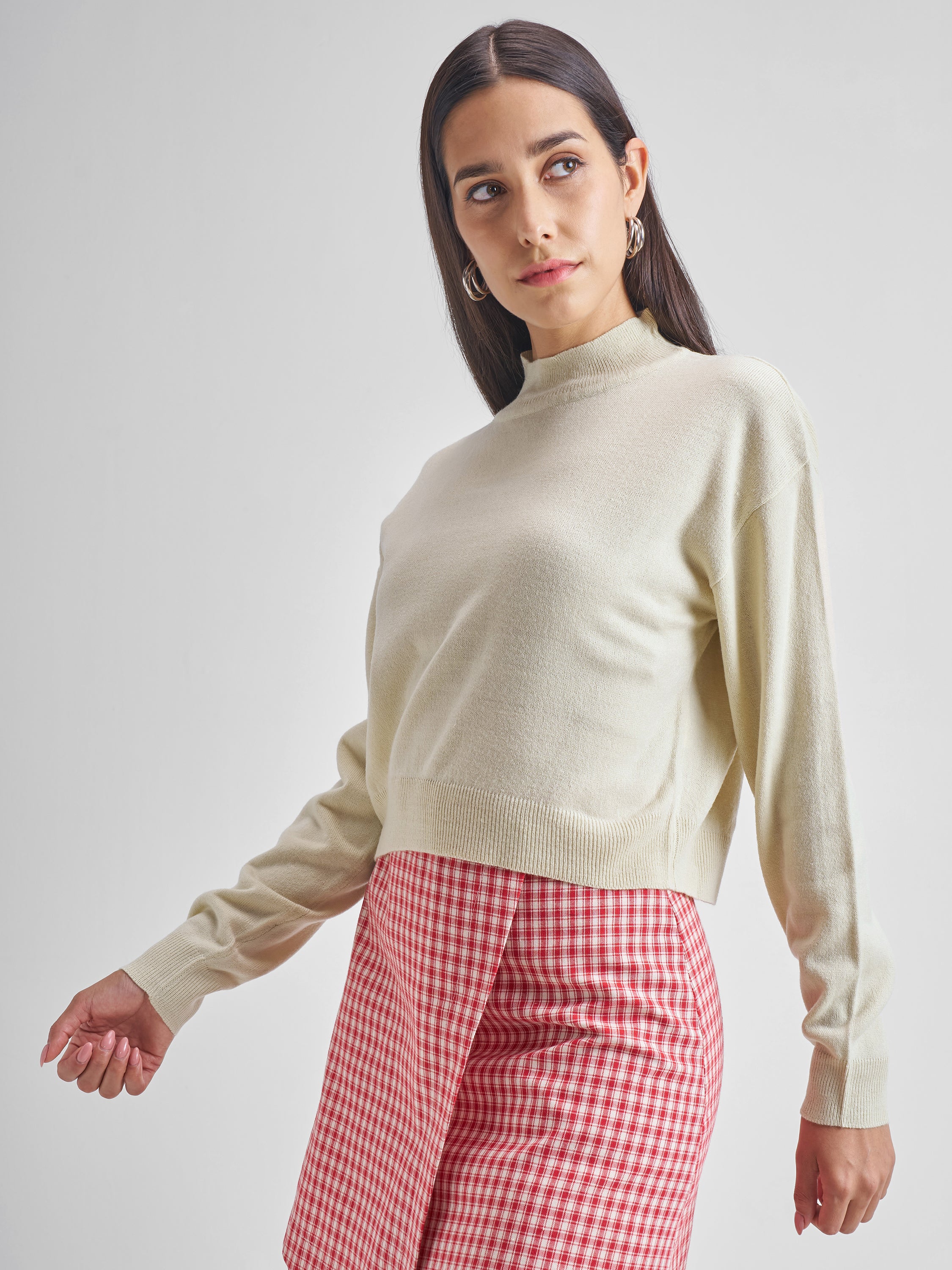 Tokyo Talkies Womens High Neck Long Sleeve Sweater - Beige - Image 4