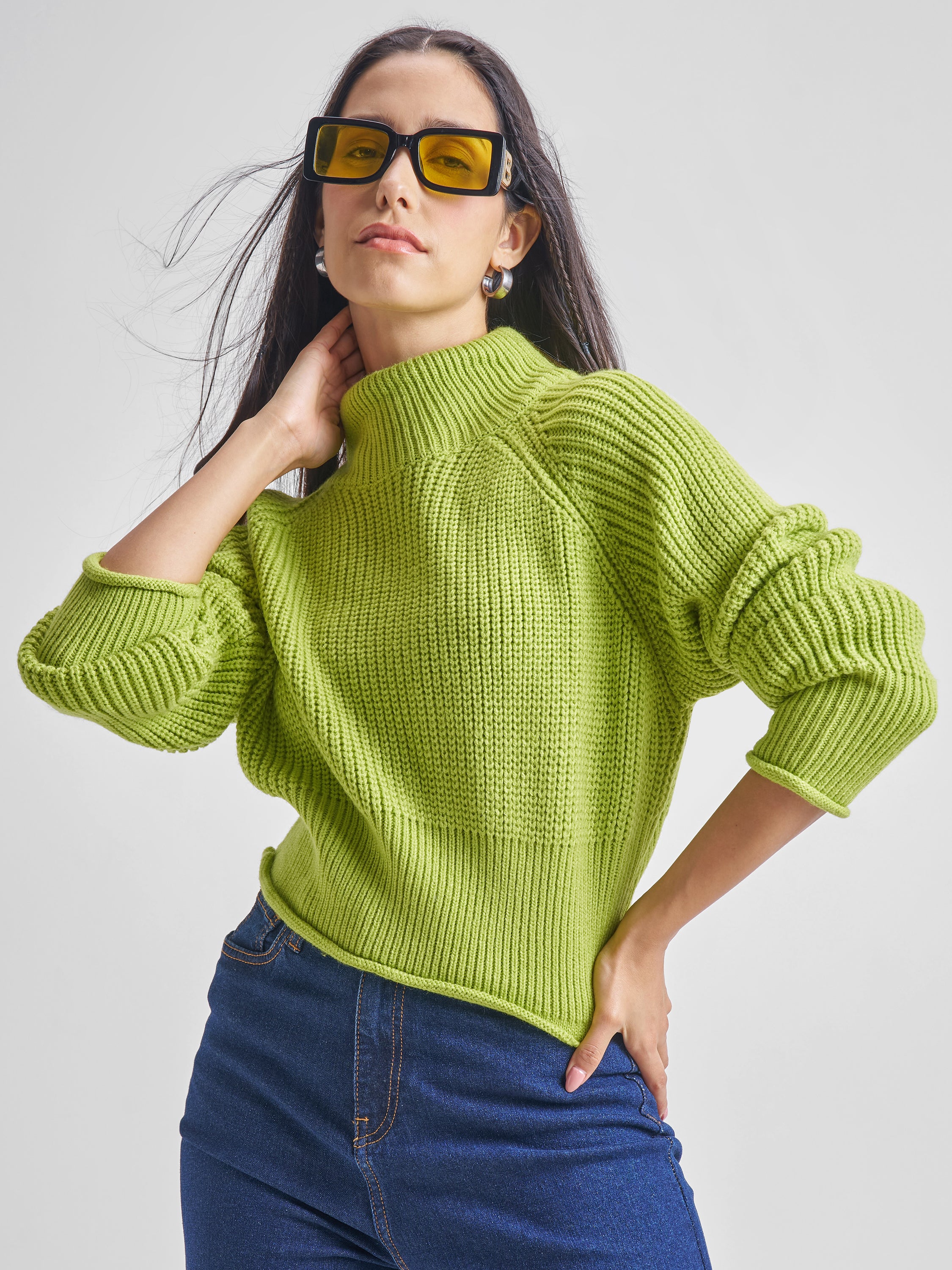 Tokyo Talkies Womens High Neck Long Sleeve Sweater - Green - Image 1