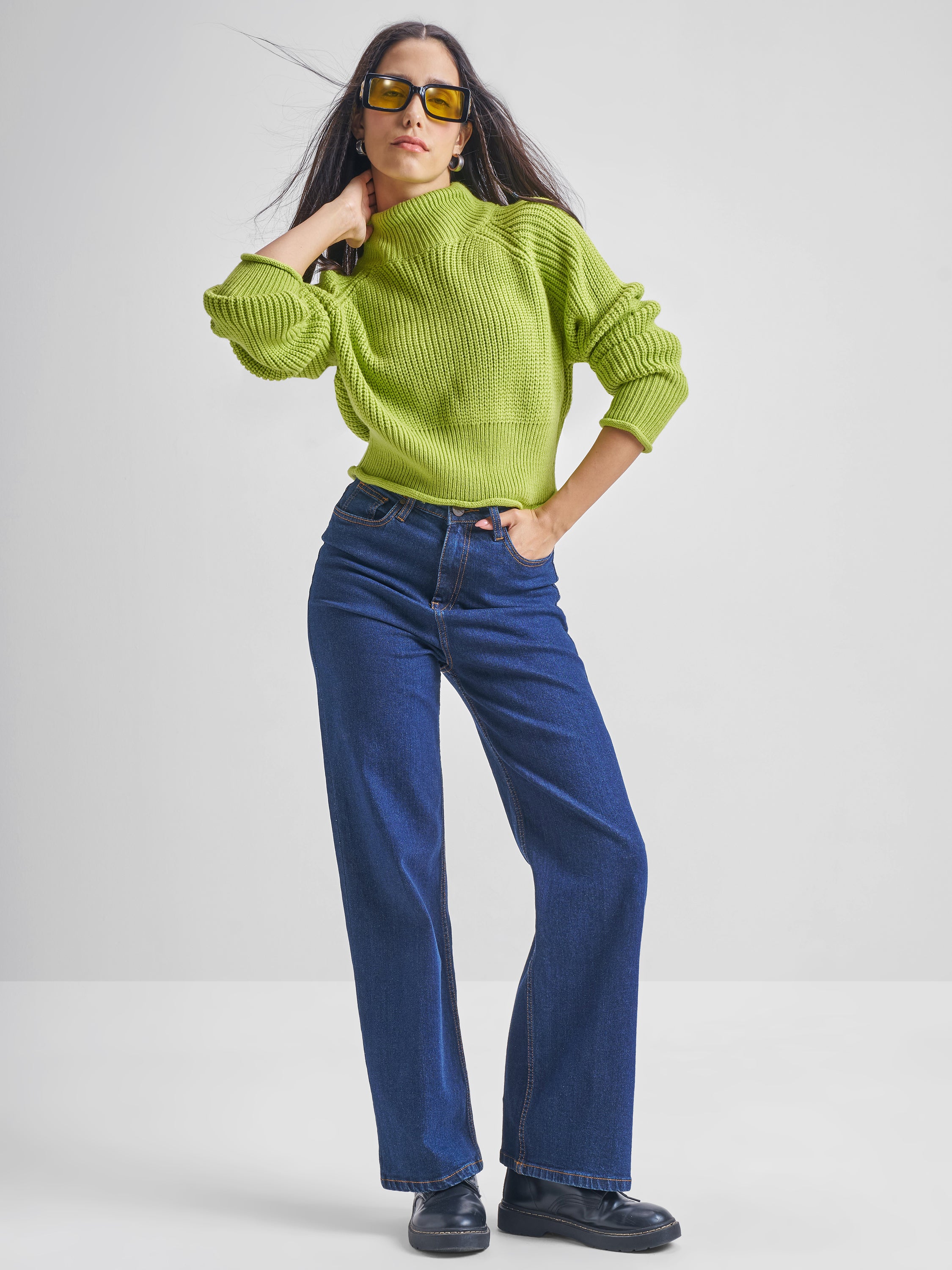 Tokyo Talkies Womens High Neck Long Sleeve Sweater - Green - Image 2