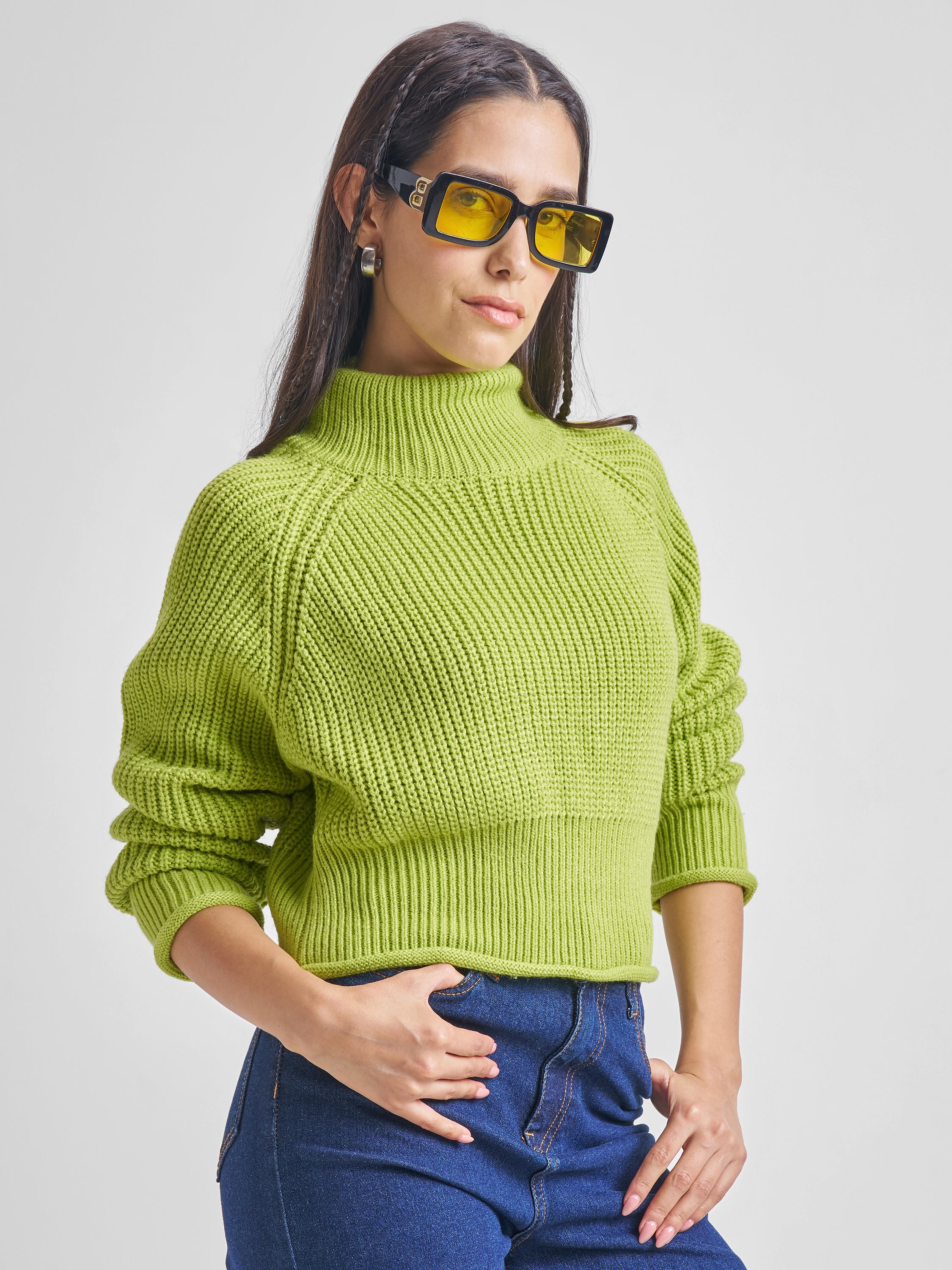 Tokyo Talkies Womens High Neck Long Sleeve Sweater - Green - Image 6