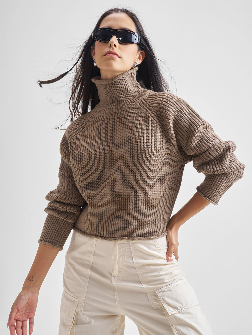 Tokyo Talkies Womens High Neck Long Sleeve Sweater - Brown - Image 1
