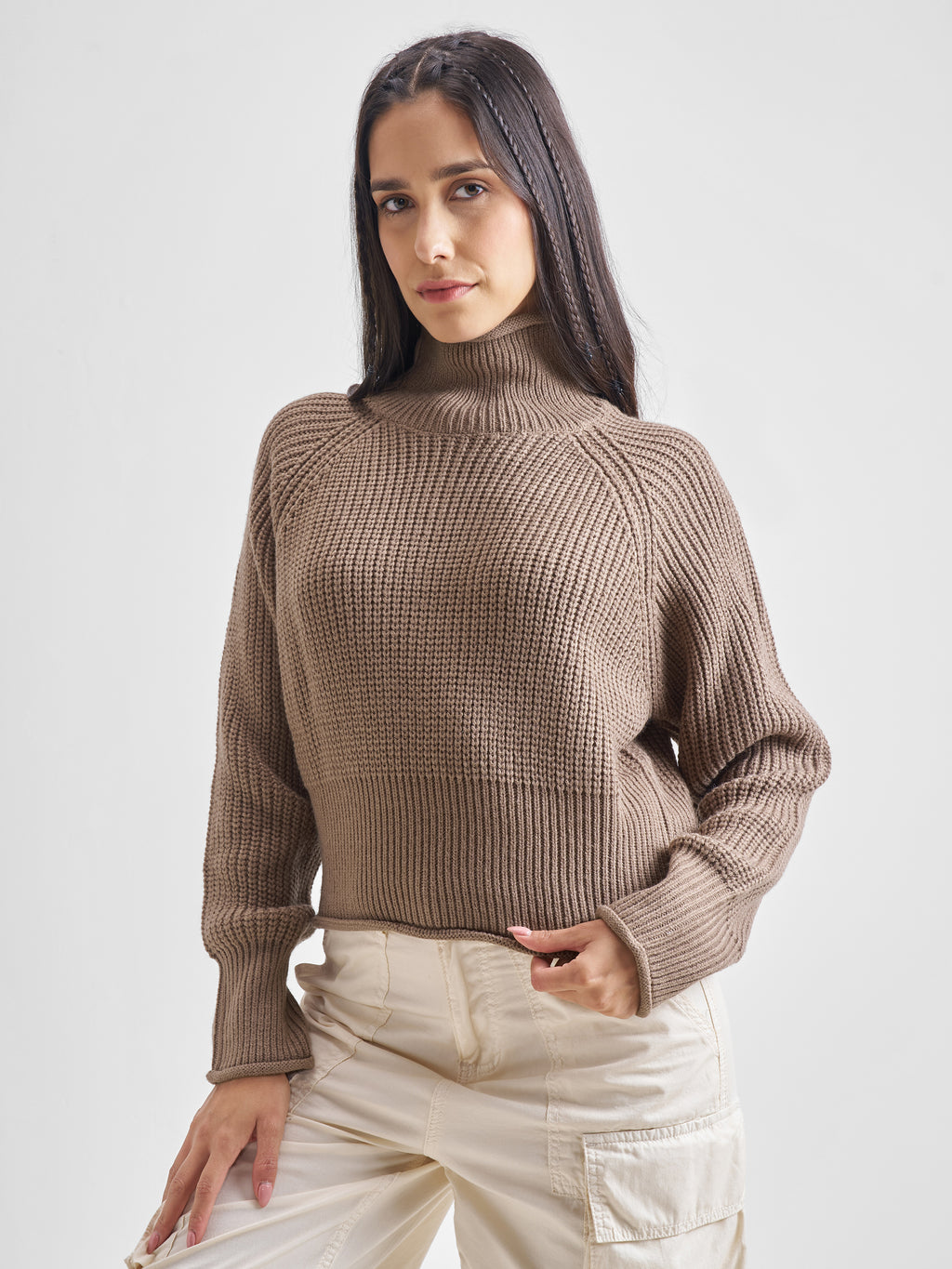 Tokyo Talkies Womens High Neck Long Sleeve Sweater - Brown - Image 4