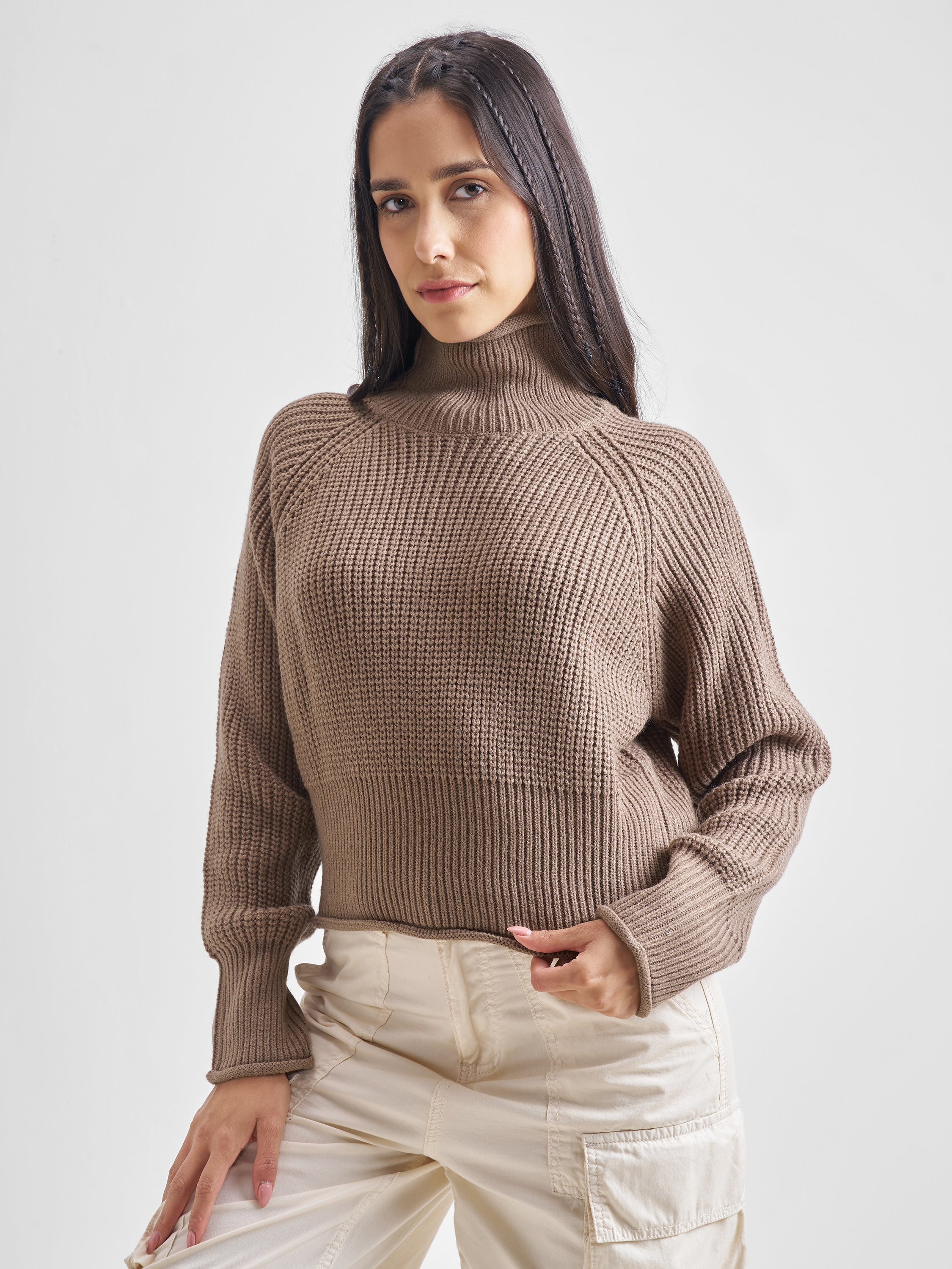 Tokyo Talkies Womens High Neck Long Sleeve Sweater - Brown - Image 4