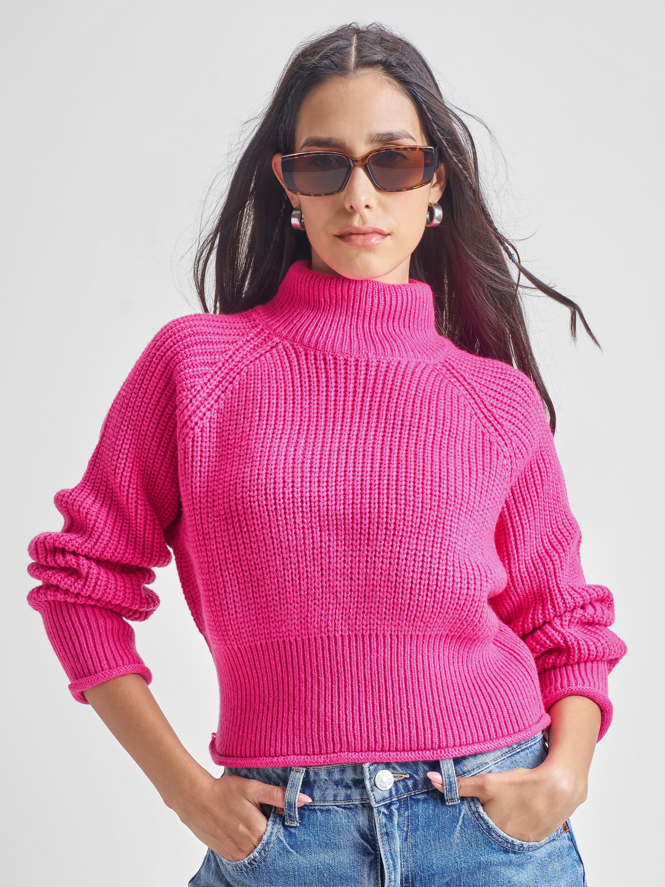 Tokyo Talkies Womens High Neck Long Sleeve Sweater - Pink - Image 1