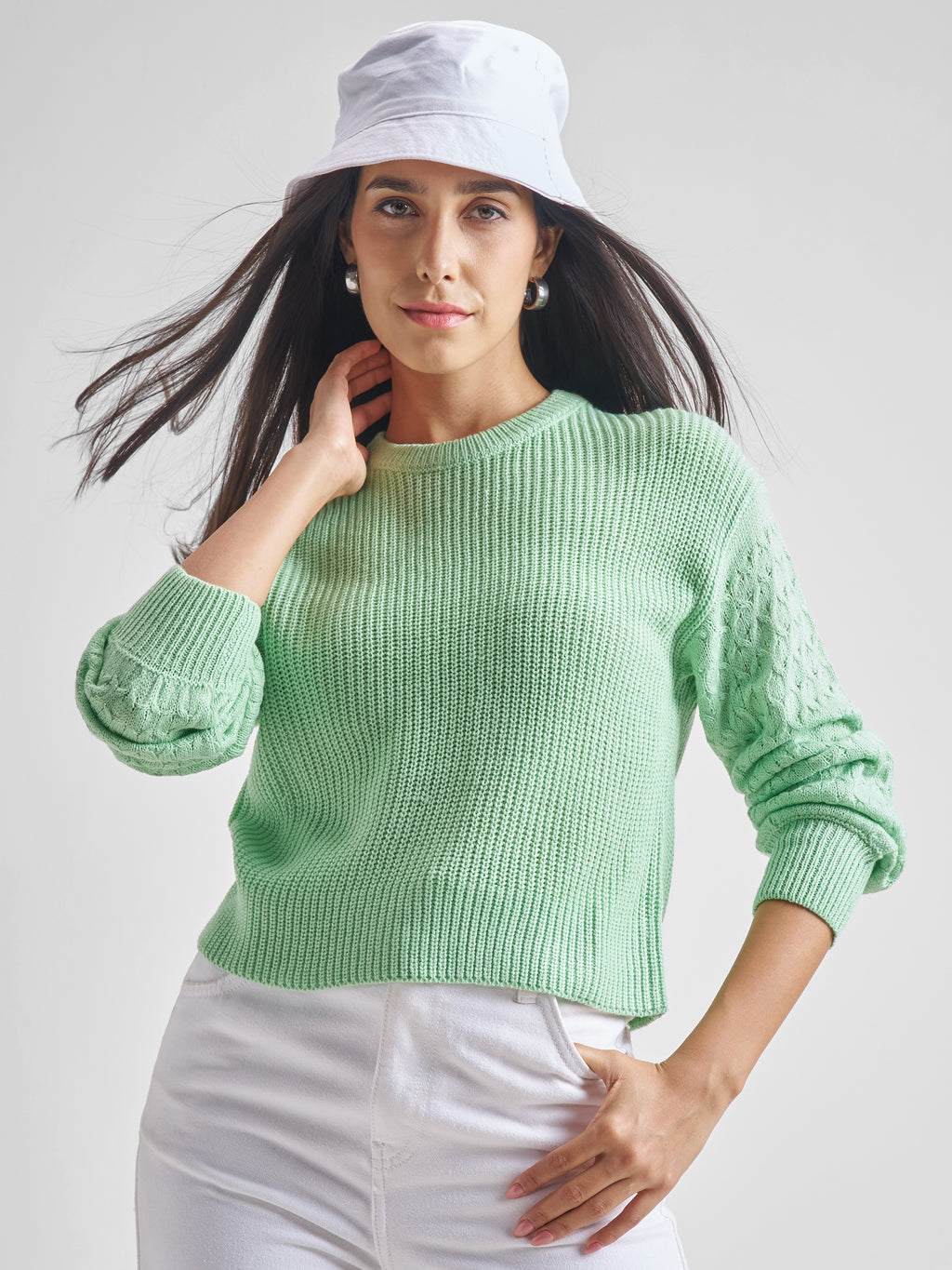 Tokyo Talkies Women Green Round Neck Long Sleeve Sweater - Green - Image 1