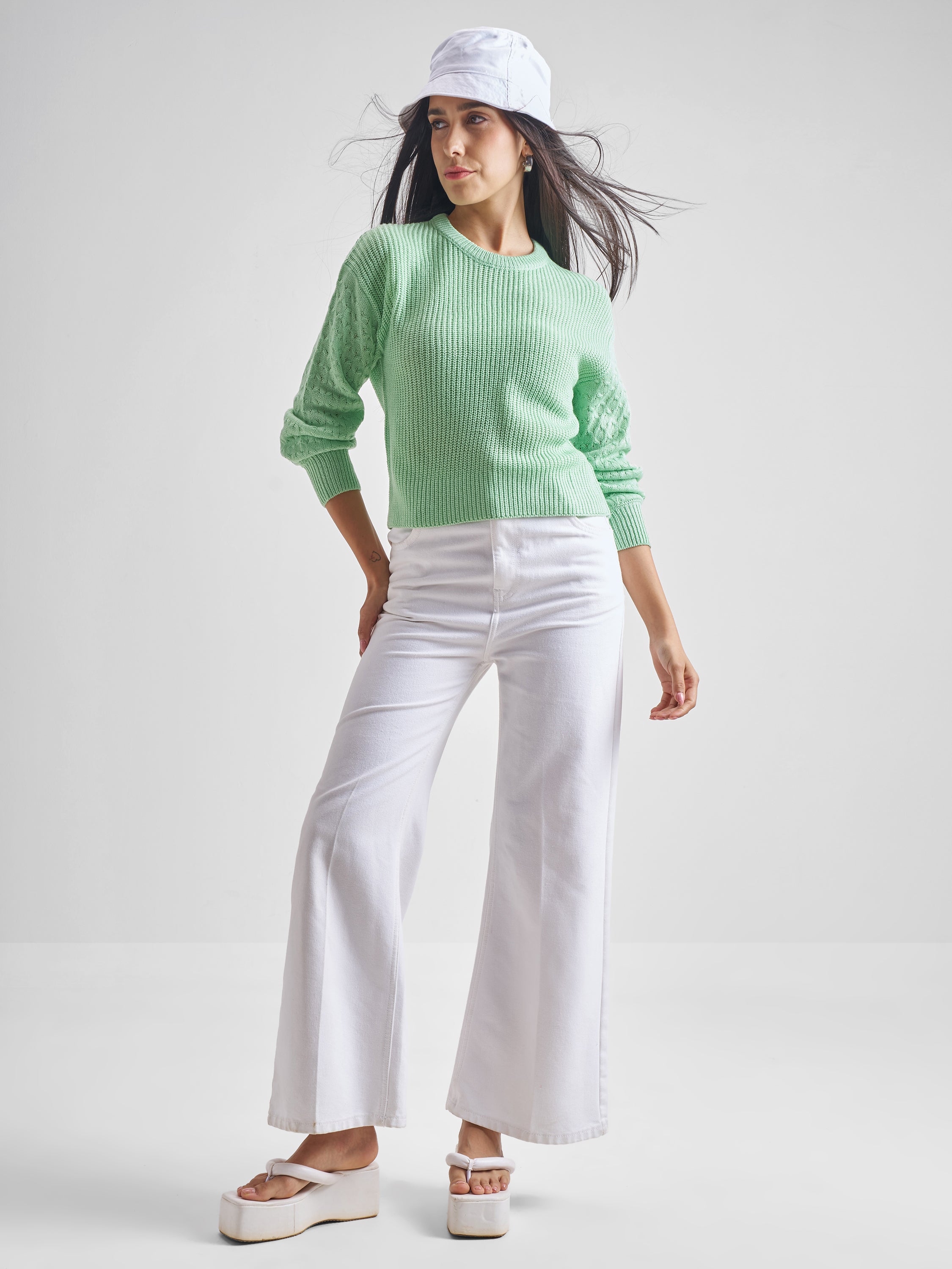 Tokyo Talkies Women Green Round Neck Long Sleeve Sweater - Green - Image 2