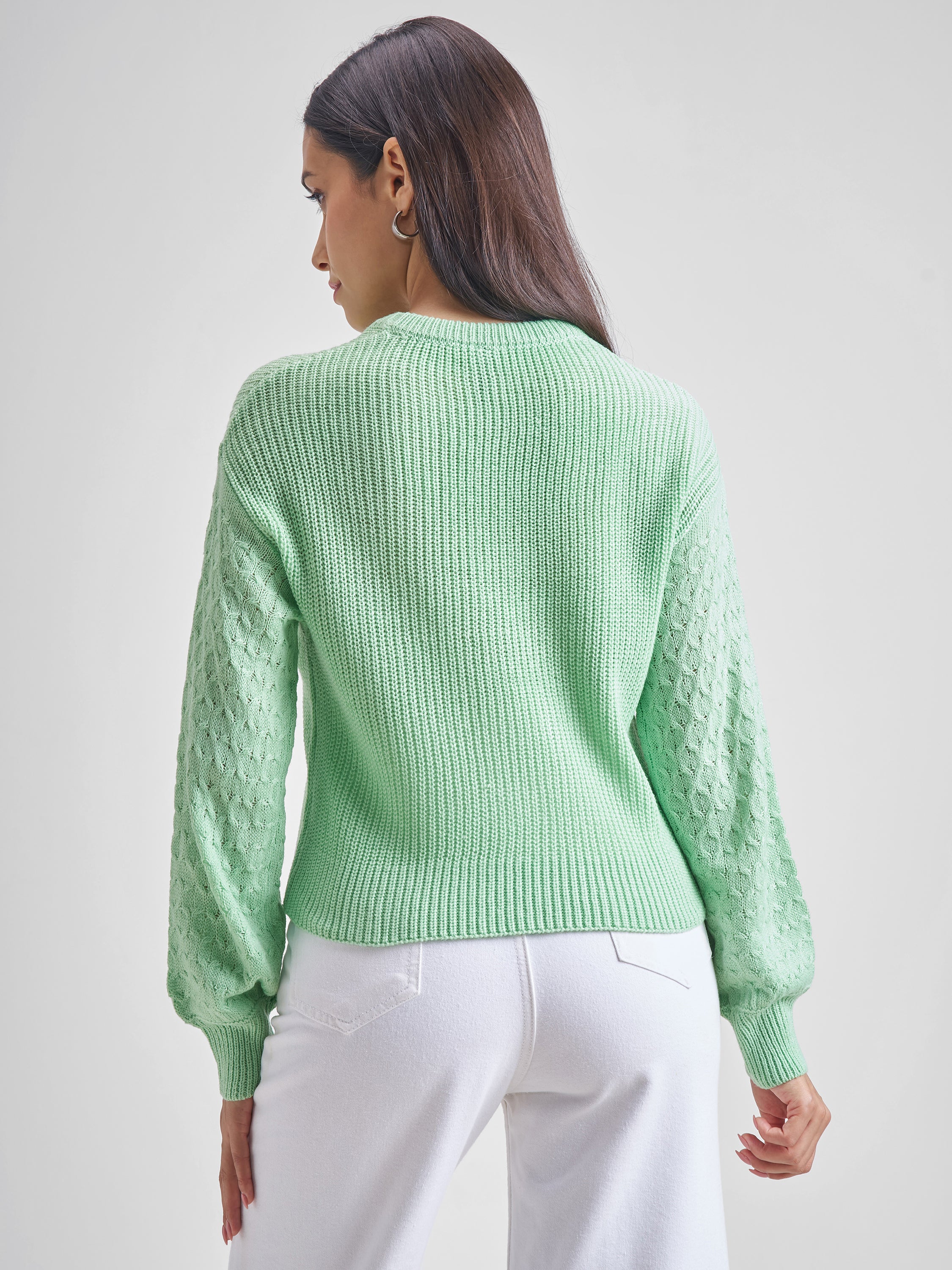 Tokyo Talkies Women Green Round Neck Long Sleeve Sweater - Green - Image 3