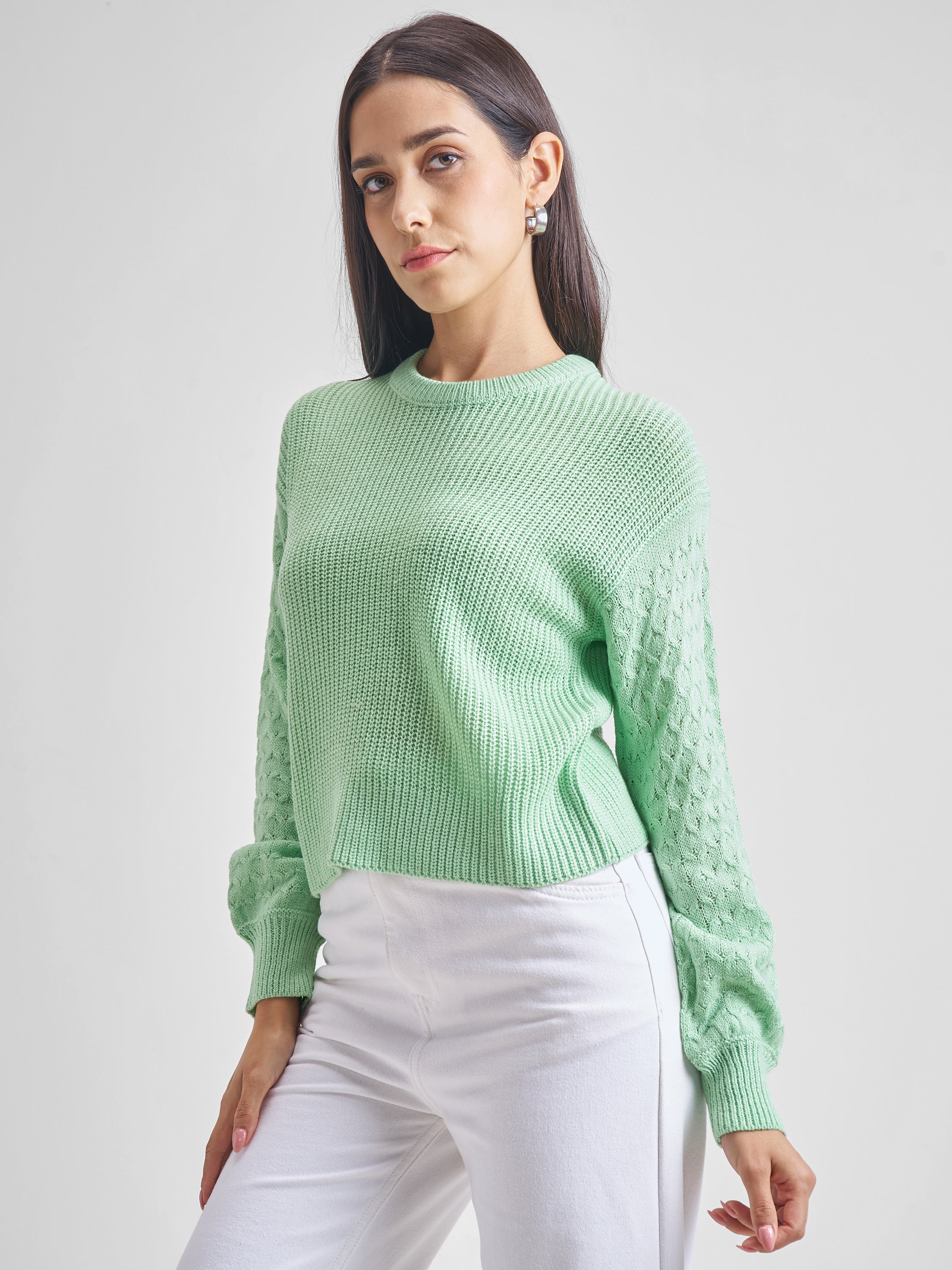 Tokyo Talkies Women Green Round Neck Long Sleeve Sweater - Green - Image 4