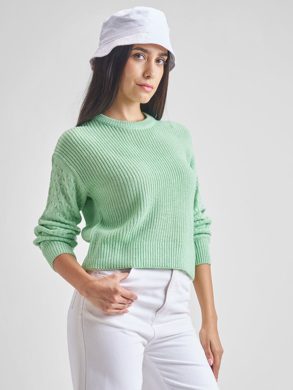 Tokyo Talkies Women Green Round Neck Long Sleeve Sweater - Green - Image 6