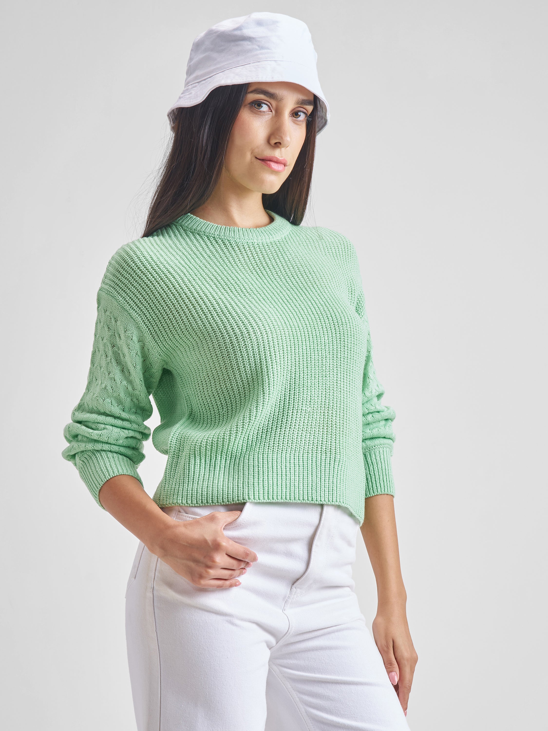 Tokyo Talkies Women Green Round Neck Long Sleeve Sweater - Green - Image 6