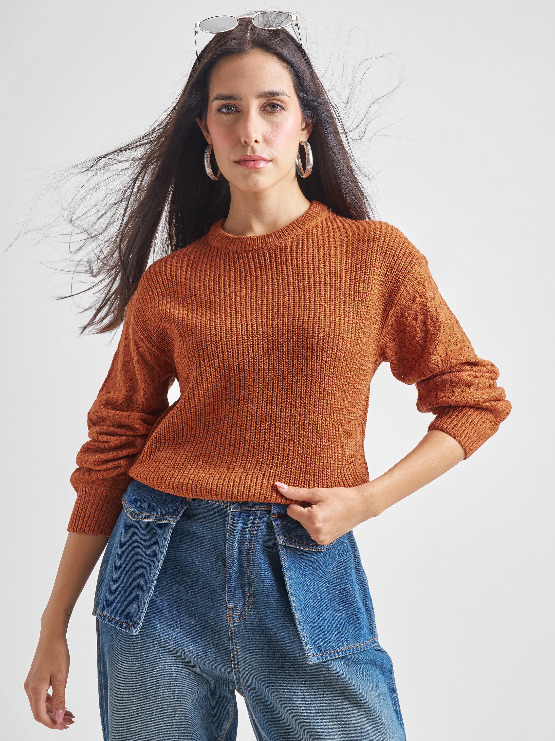 Tokyo Talkies Womens Round Neck Long Sleeve Sweater - Brown - Image 1