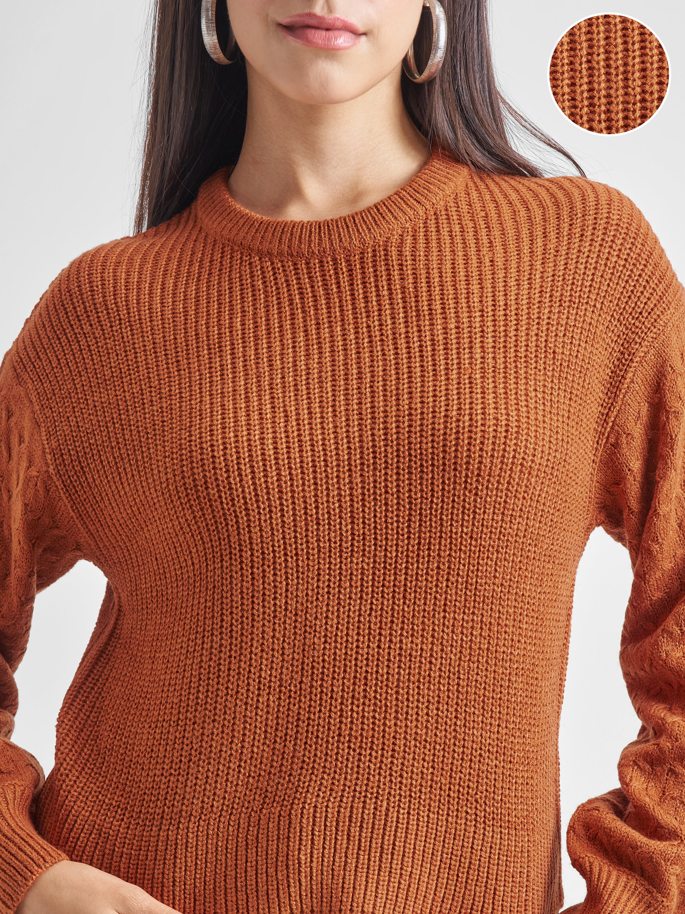 Tokyo Talkies Womens Round Neck Long Sleeve Sweater - Brown - Image 5