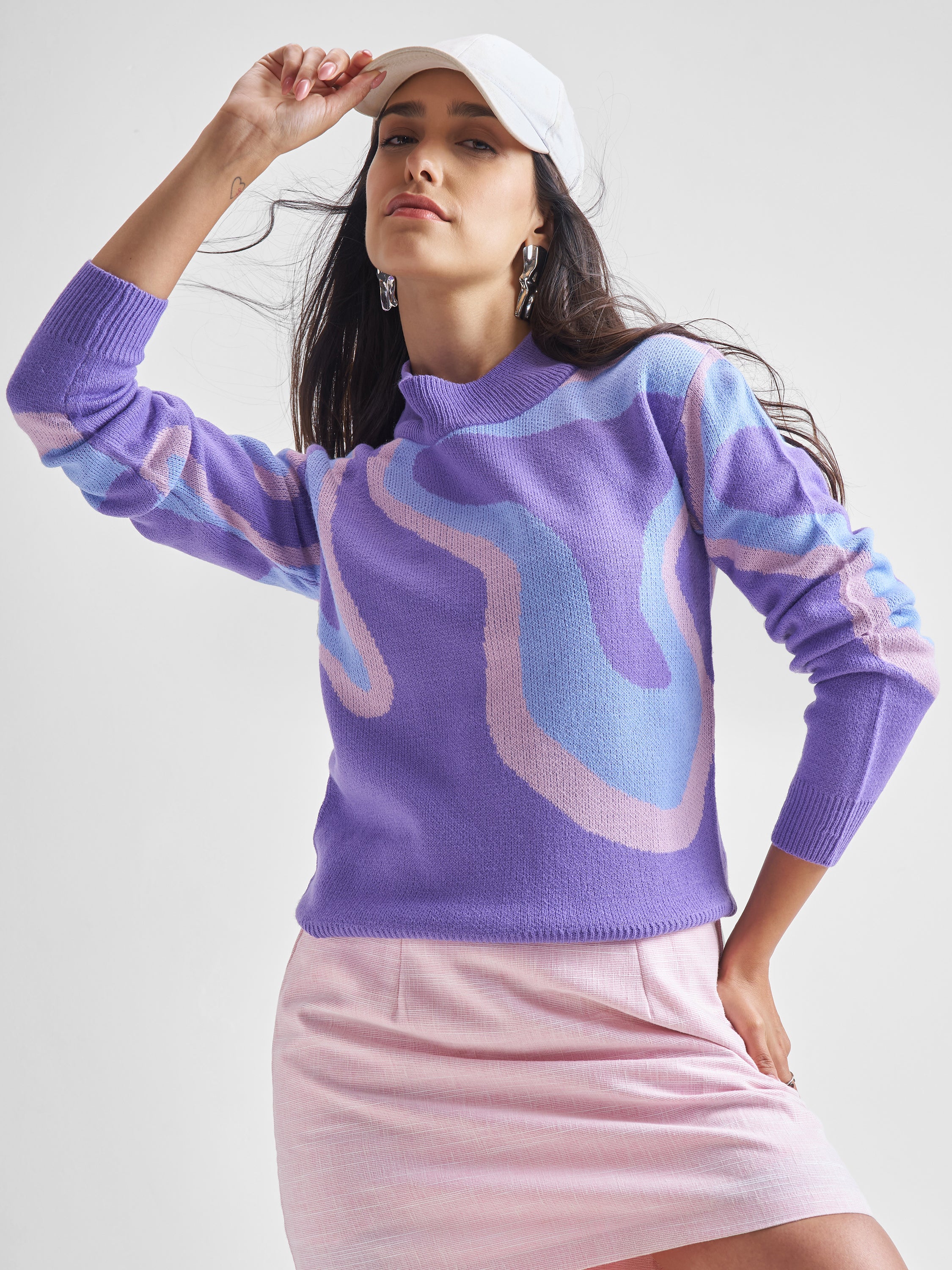 Tokyo Talkies Women Purple Round Neck Long Sleeve Pullover Sweater - Purple - Image 1