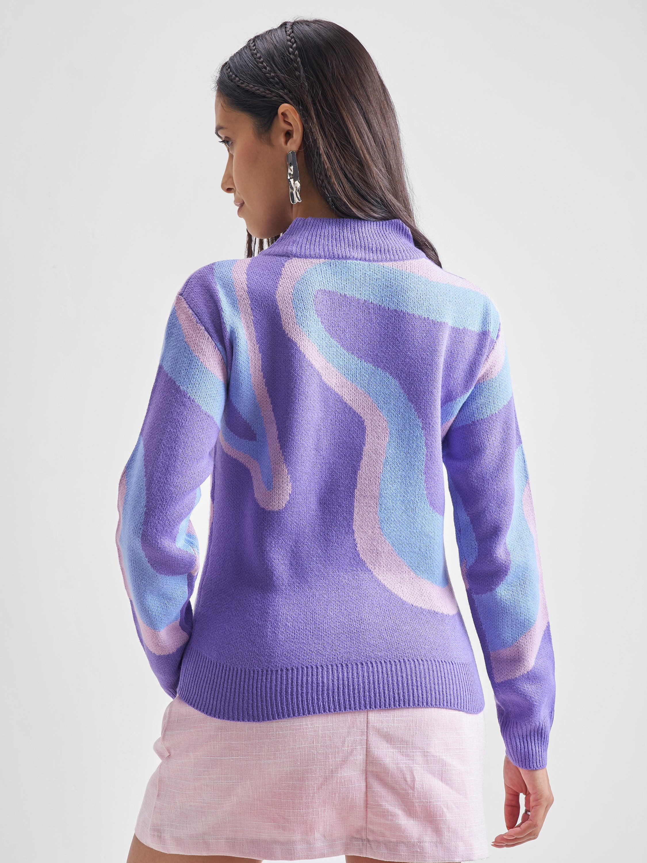 Tokyo Talkies Women Purple Round Neck Long Sleeve Pullover Sweater - Purple - Image 3