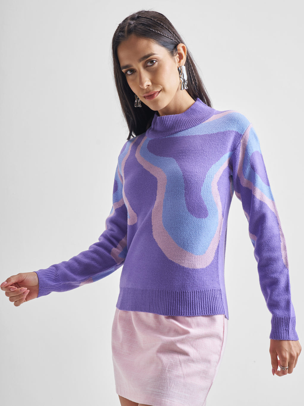 Tokyo Talkies Women Purple Round Neck Long Sleeve Pullover Sweater - Purple - Image 4