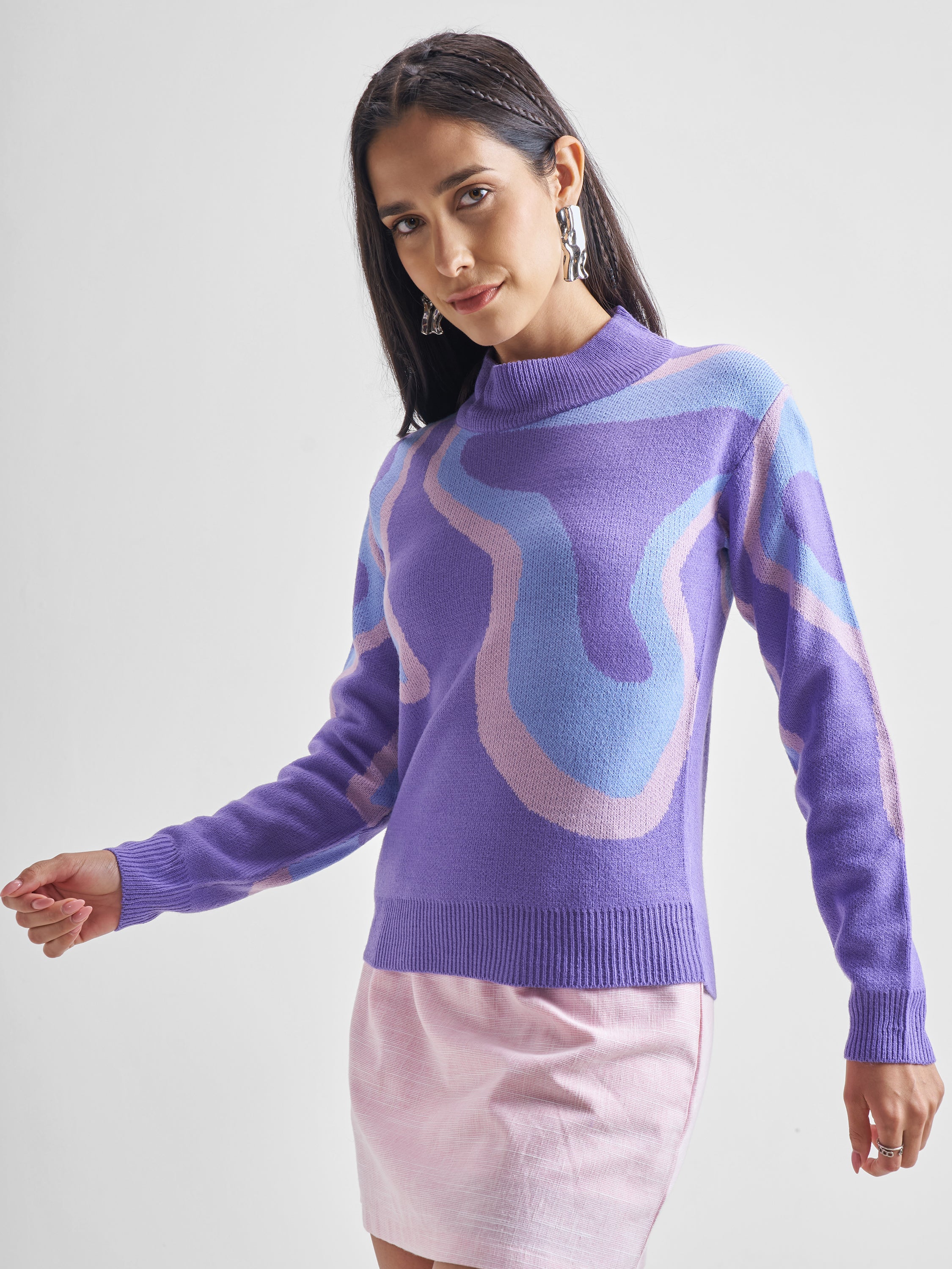 Tokyo Talkies Women Purple Round Neck Long Sleeve Pullover Sweater - Purple - Image 4