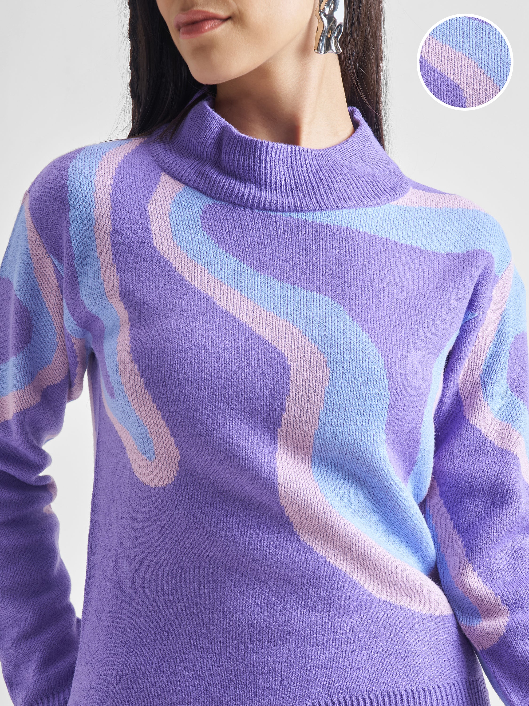 Tokyo Talkies Women Purple Round Neck Long Sleeve Pullover Sweater - Purple - Image 5