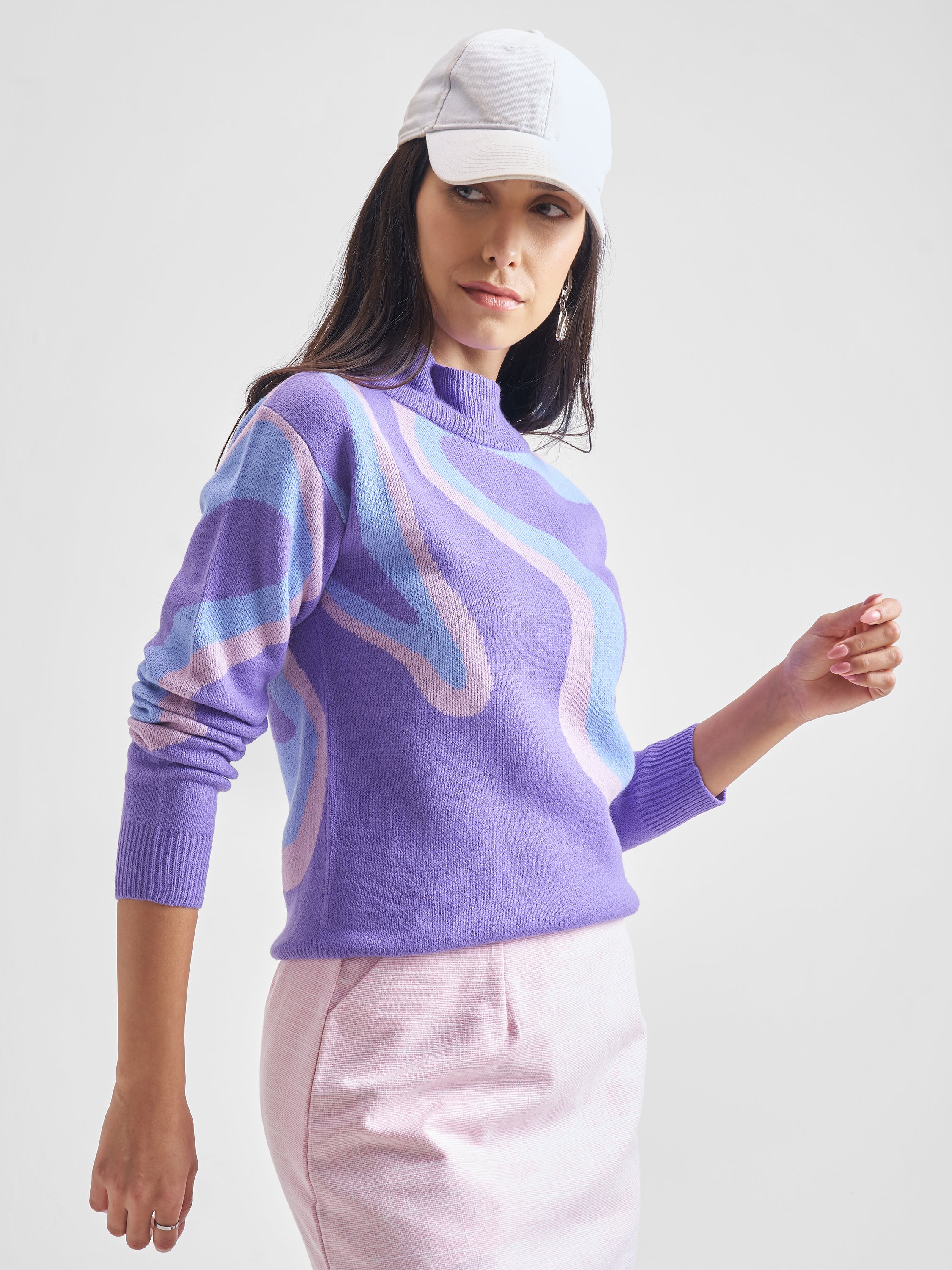 Tokyo Talkies Women Purple Round Neck Long Sleeve Pullover Sweater - Purple - Image 6
