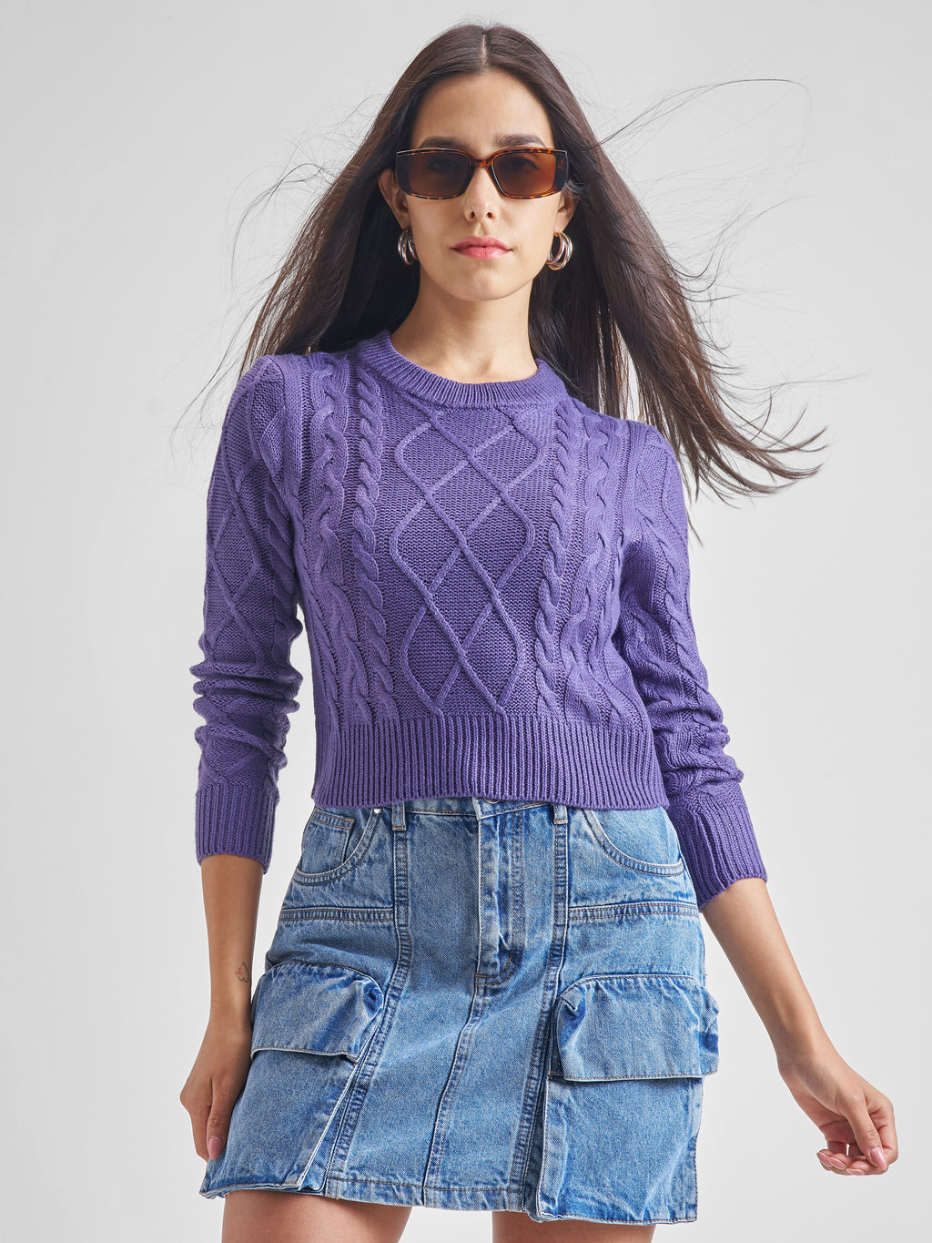 Tokyo Talkies Women Purple Round Neck Long Sleeve Sweater - Purple - Image 1