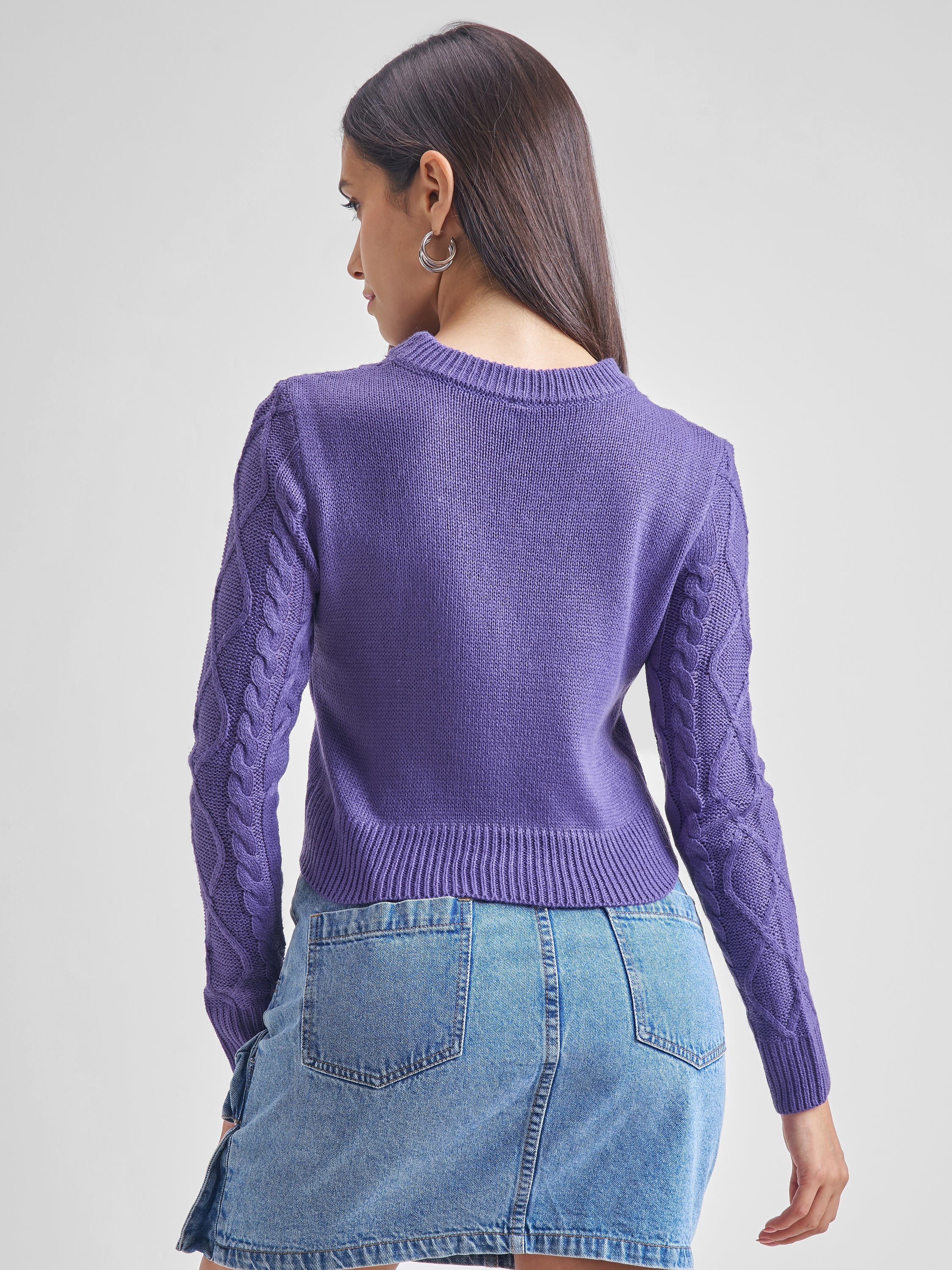 Tokyo Talkies Women Purple Round Neck Long Sleeve Sweater - Purple - Image 3