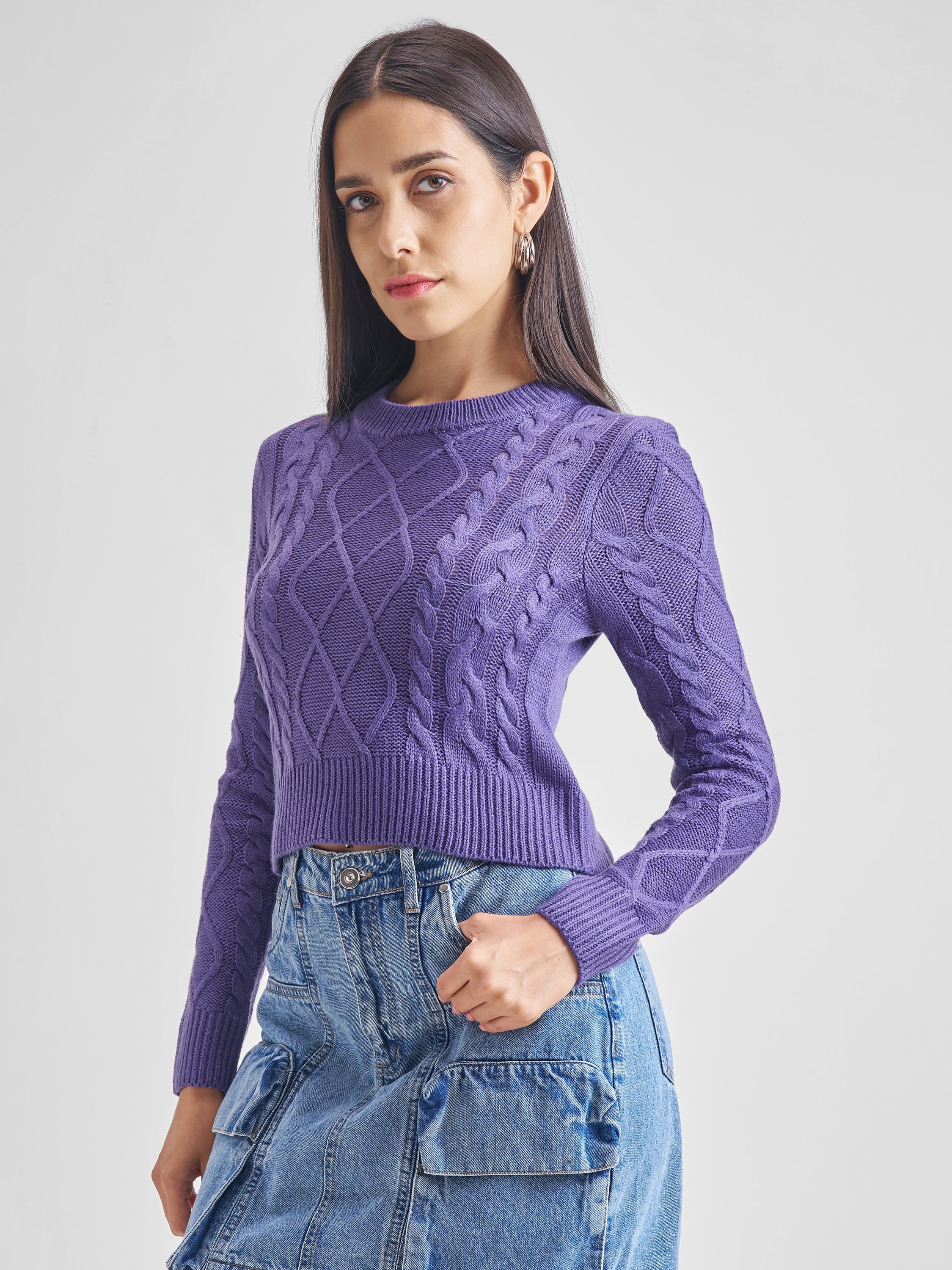 Tokyo Talkies Women Purple Round Neck Long Sleeve Sweater - Purple - Image 4