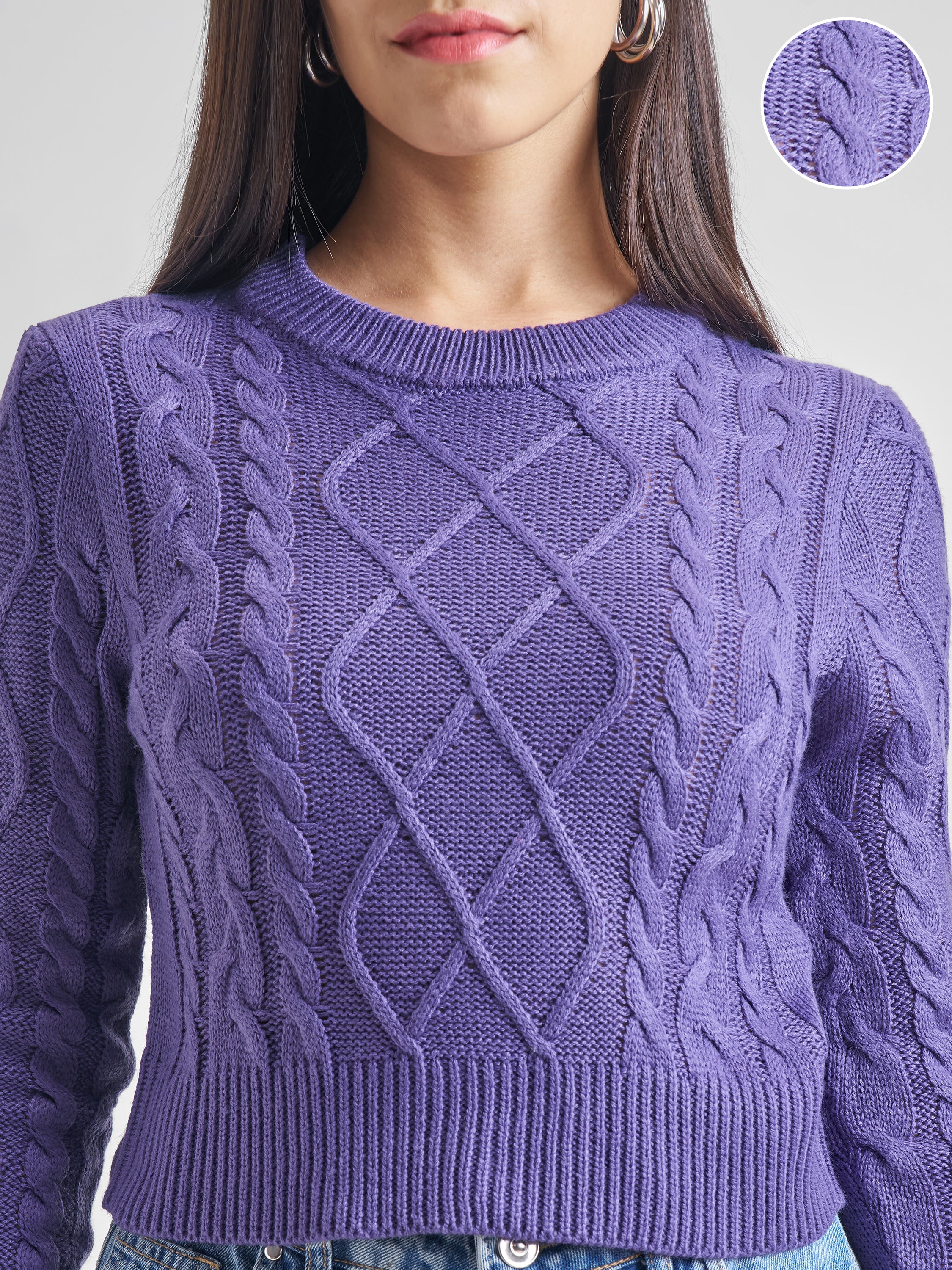 Tokyo Talkies Women Purple Round Neck Long Sleeve Sweater - Purple - Image 5