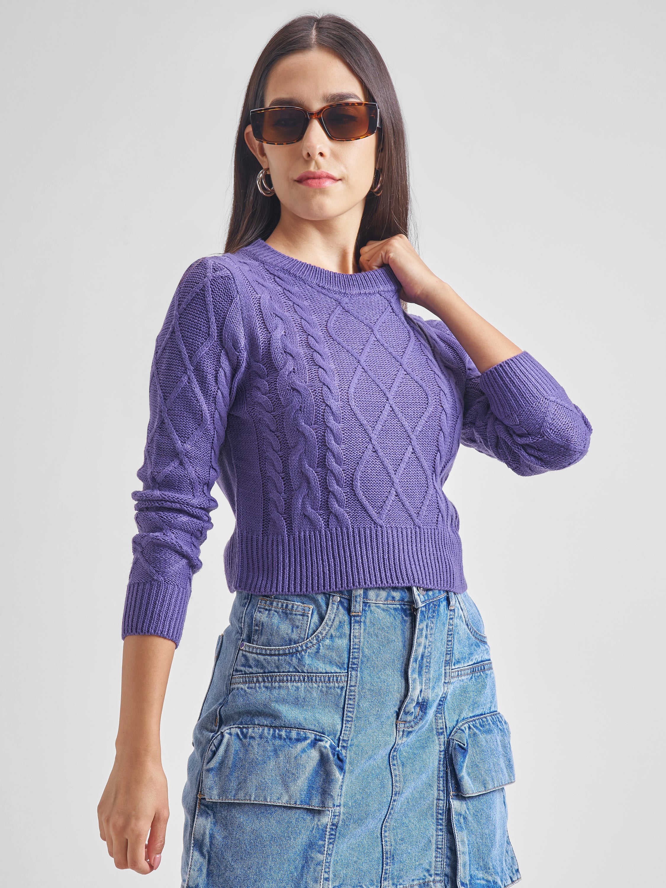 Tokyo Talkies Women Purple Round Neck Long Sleeve Sweater - Purple - Image 6
