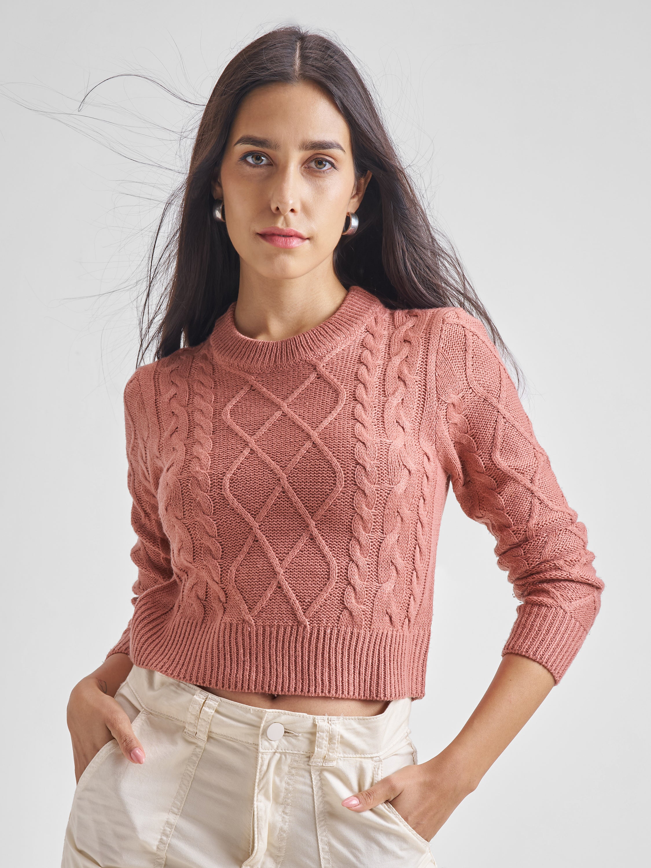 Tokyo Talkies Women Rust Round Neck Long Sleeve Sweater - Terracotta - Image 1