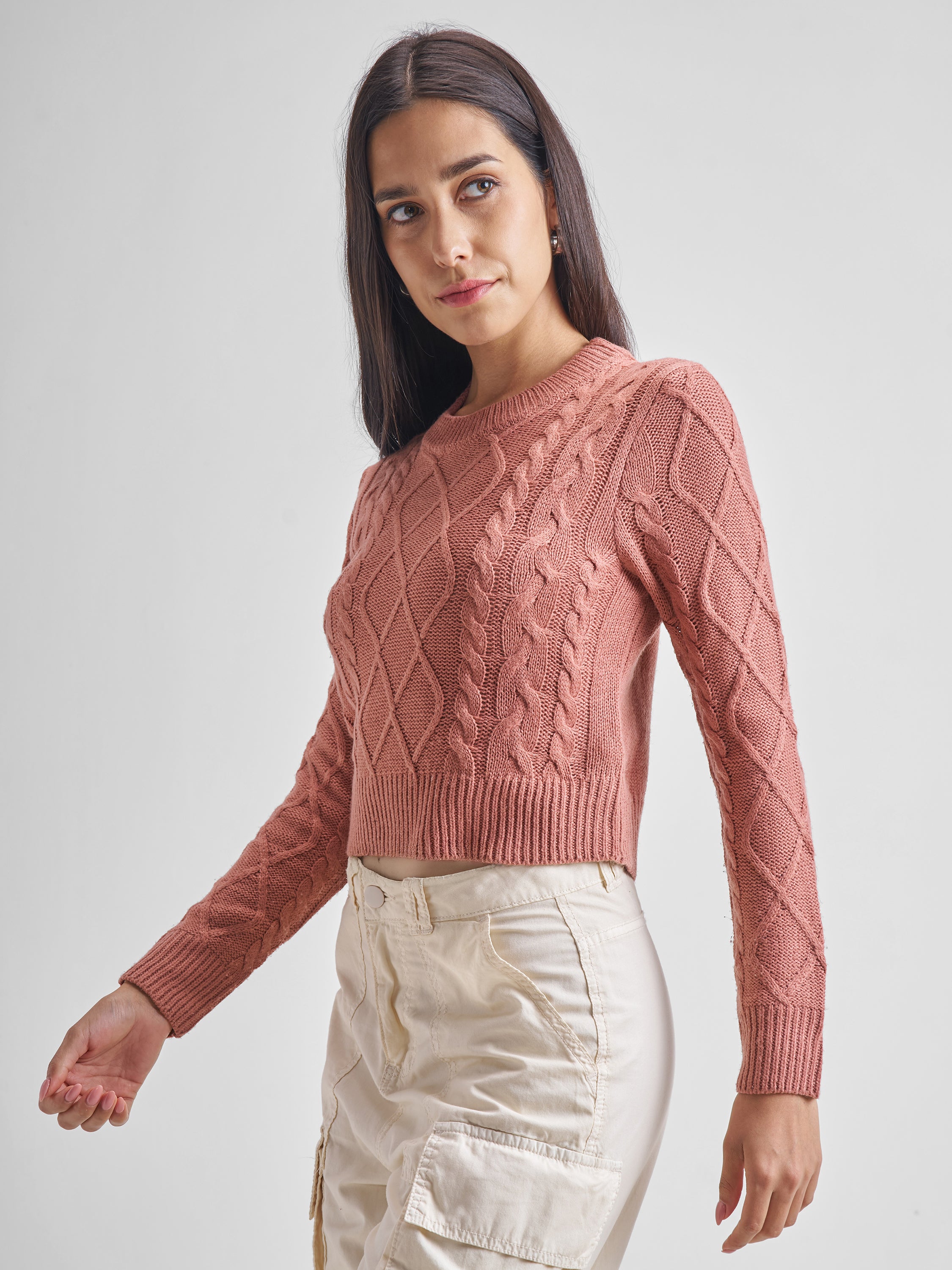 Tokyo Talkies Women Rust Round Neck Long Sleeve Sweater - Terracotta - Image 4