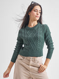 Tokyo Talkies Women Green Round Neck Pullover Sweater - Green - Image 1