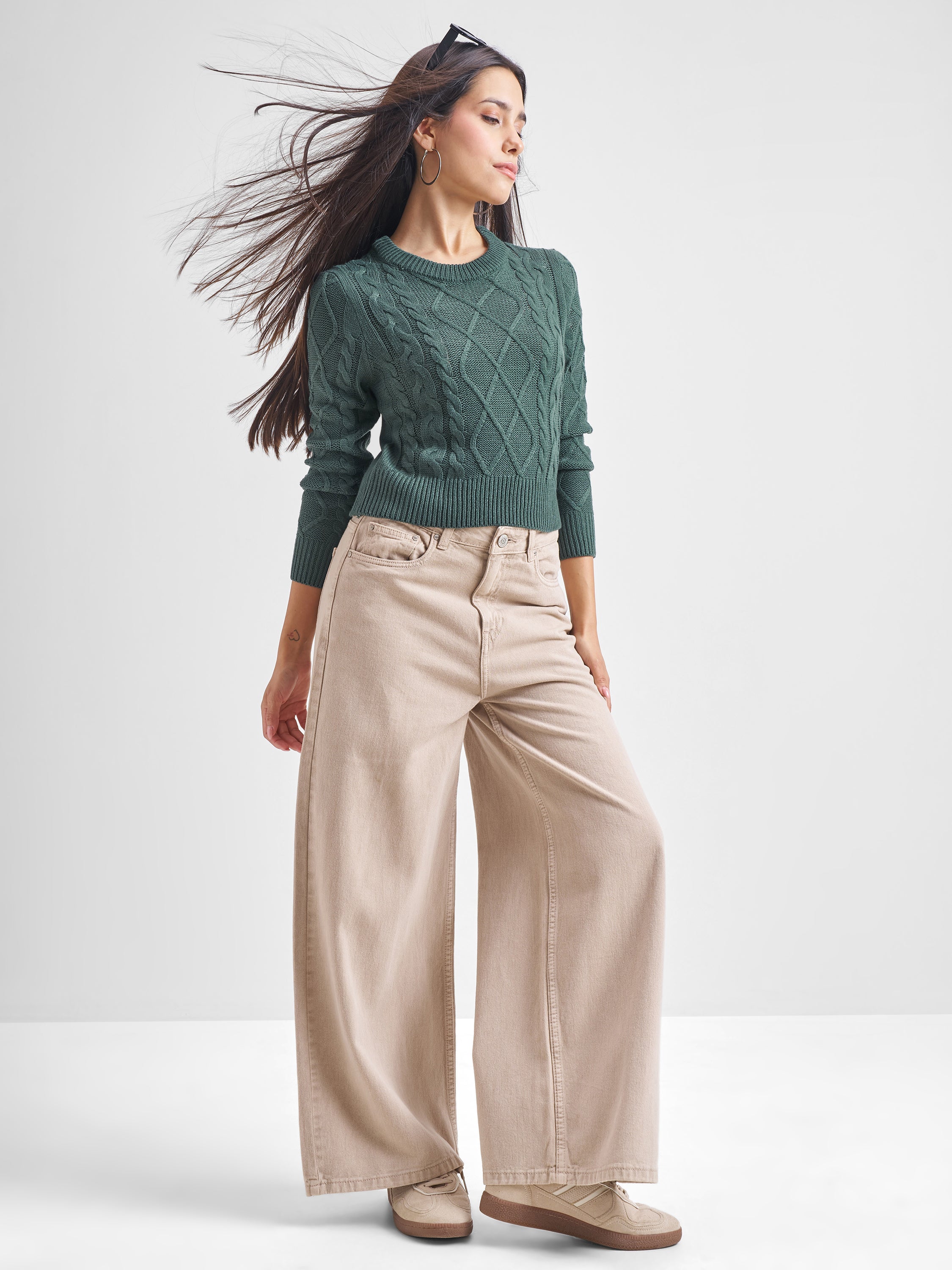 Tokyo Talkies Women Green Round Neck Pullover Sweater - Green - Image 2