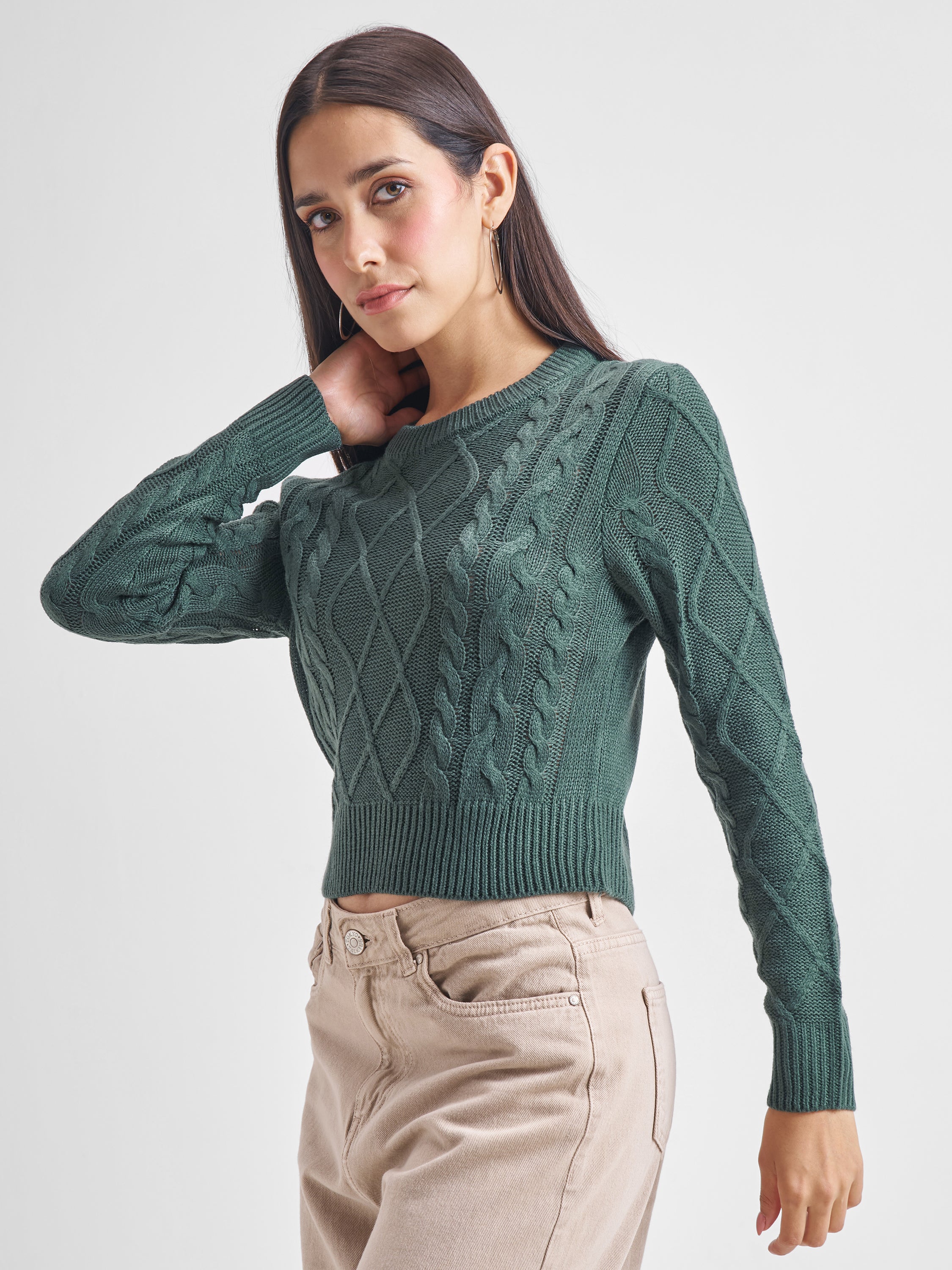 Tokyo Talkies Women Green Round Neck Pullover Sweater - Green - Image 4
