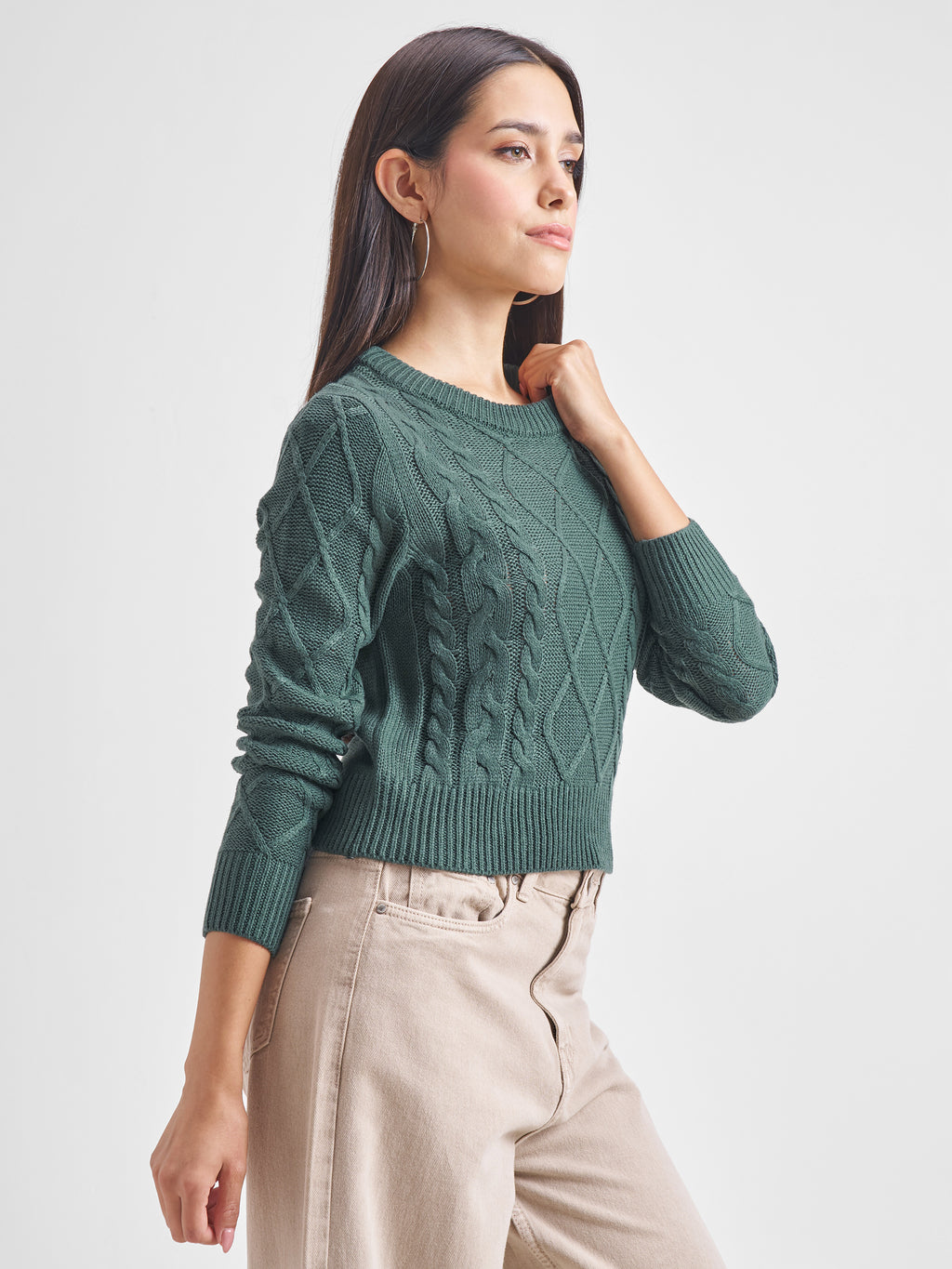 Tokyo Talkies Women Green Round Neck Pullover Sweater - Green - Image 6