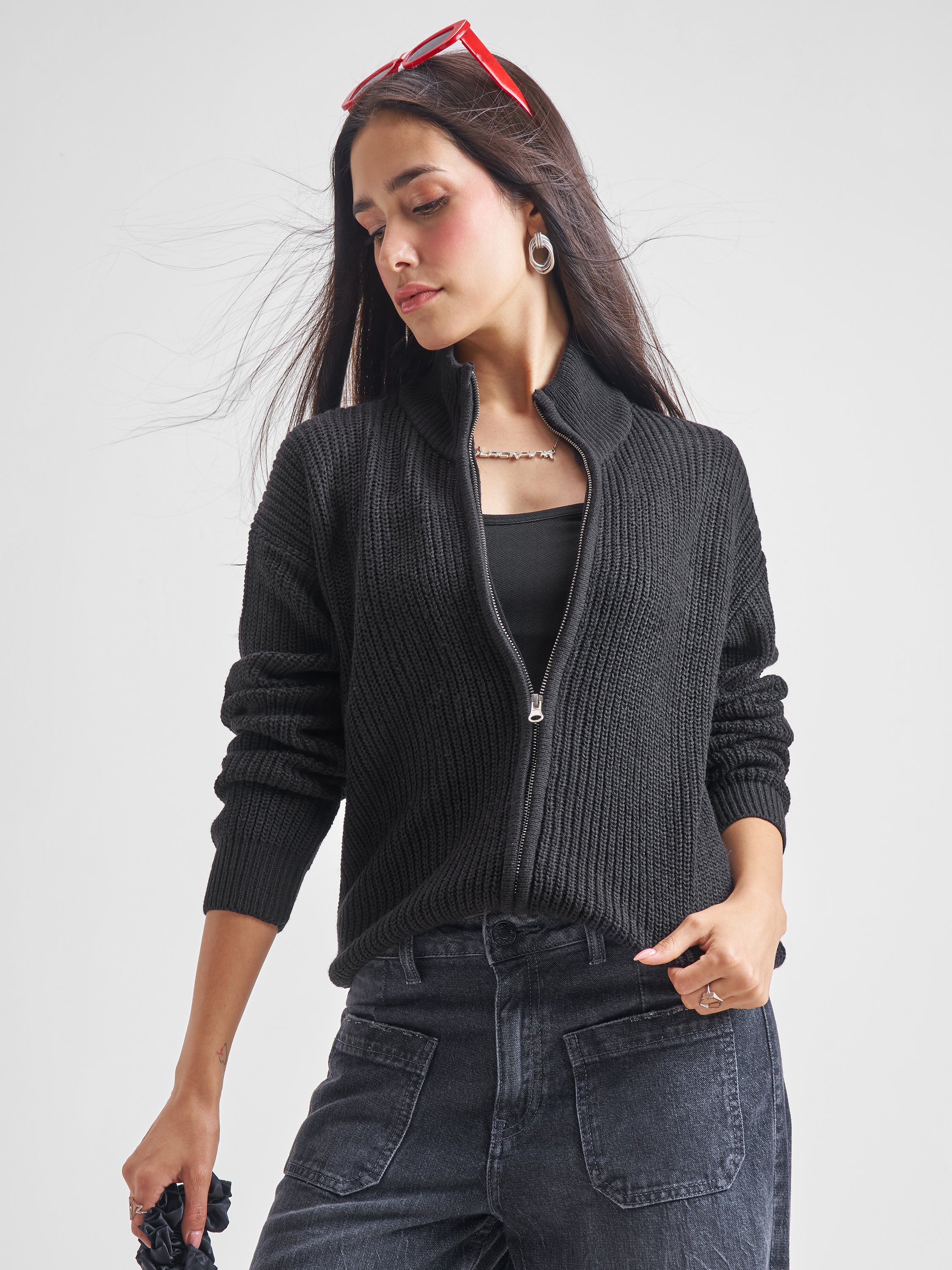 Tokyo Talkies Women Black High Neck Long Sleeve Sweater - Black - Image 1