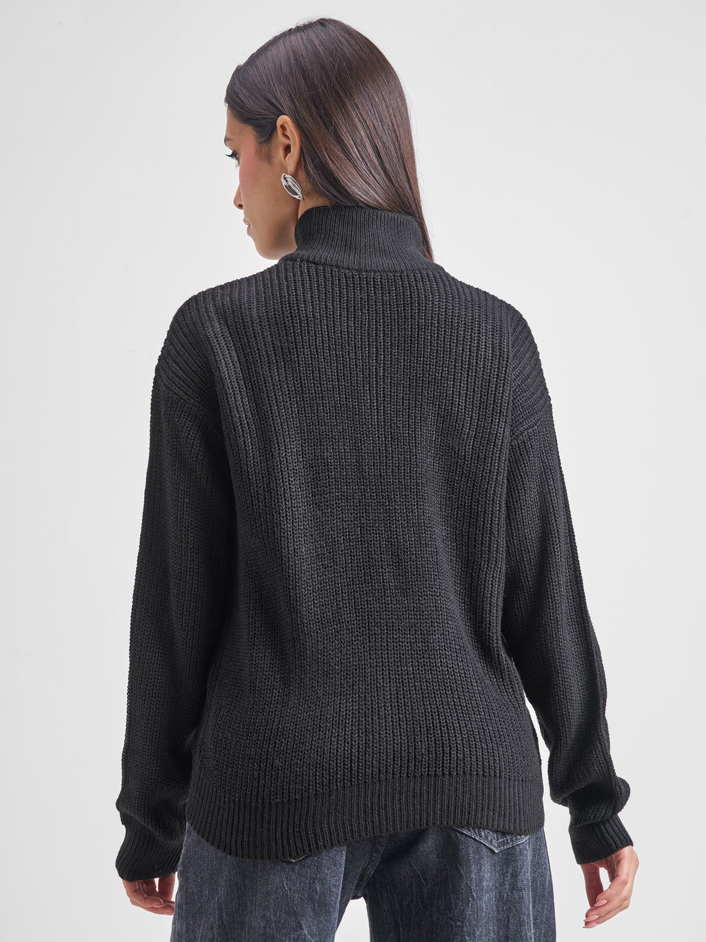 Tokyo Talkies Women Black High Neck Long Sleeve Sweater - Black - Image 3