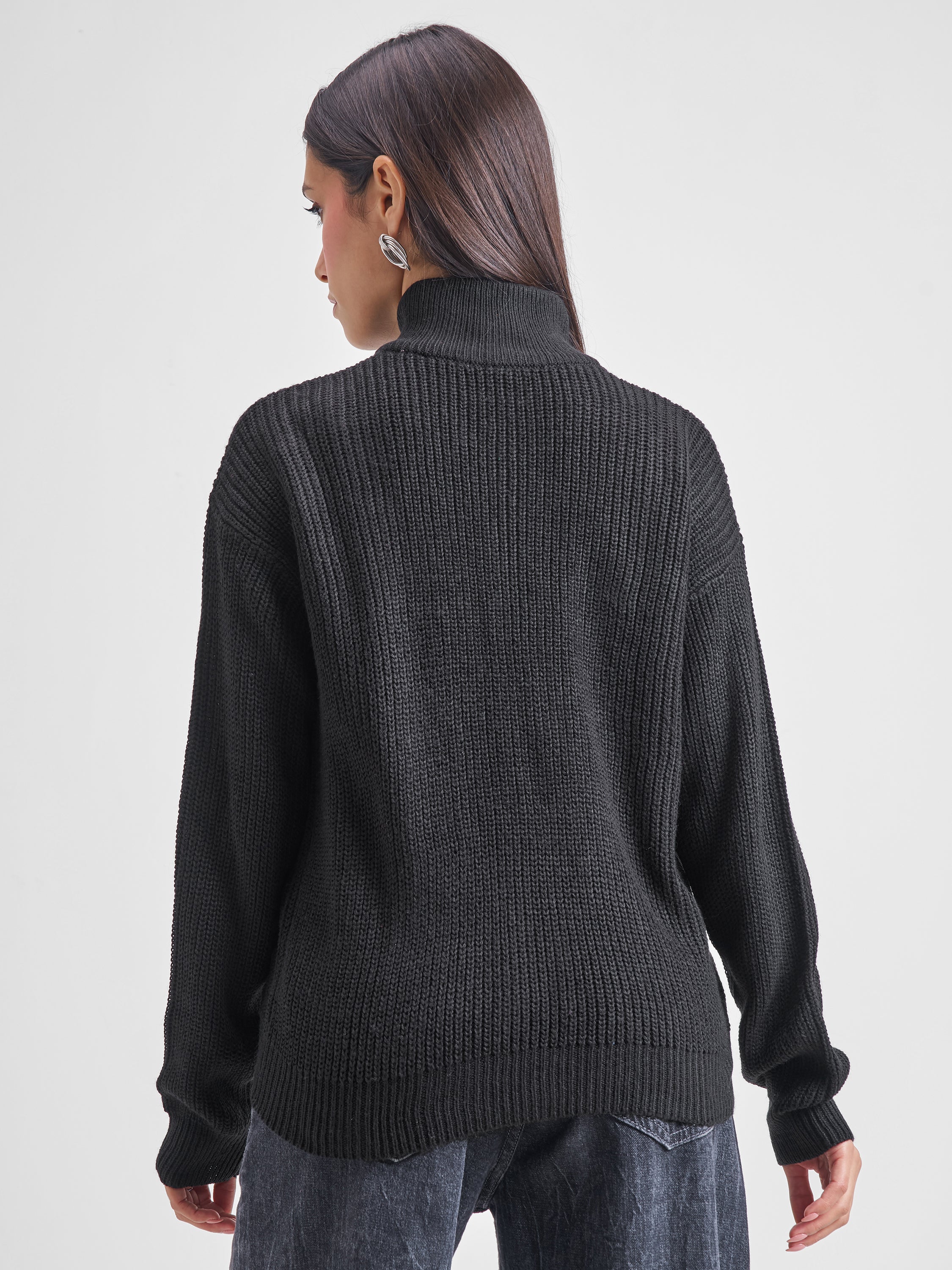Tokyo Talkies Women Black High Neck Long Sleeve Sweater - Black - Image 3