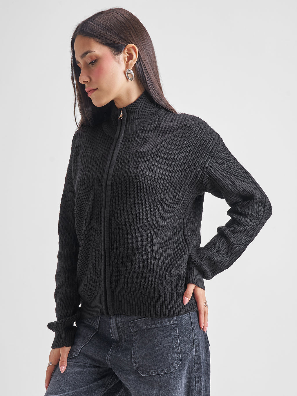Tokyo Talkies Women Black High Neck Long Sleeve Sweater - Black - Image 4