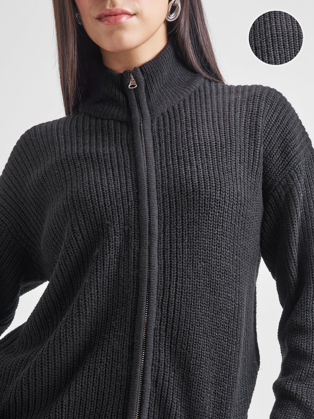 Tokyo Talkies Women Black High Neck Long Sleeve Sweater - Black - Image 5
