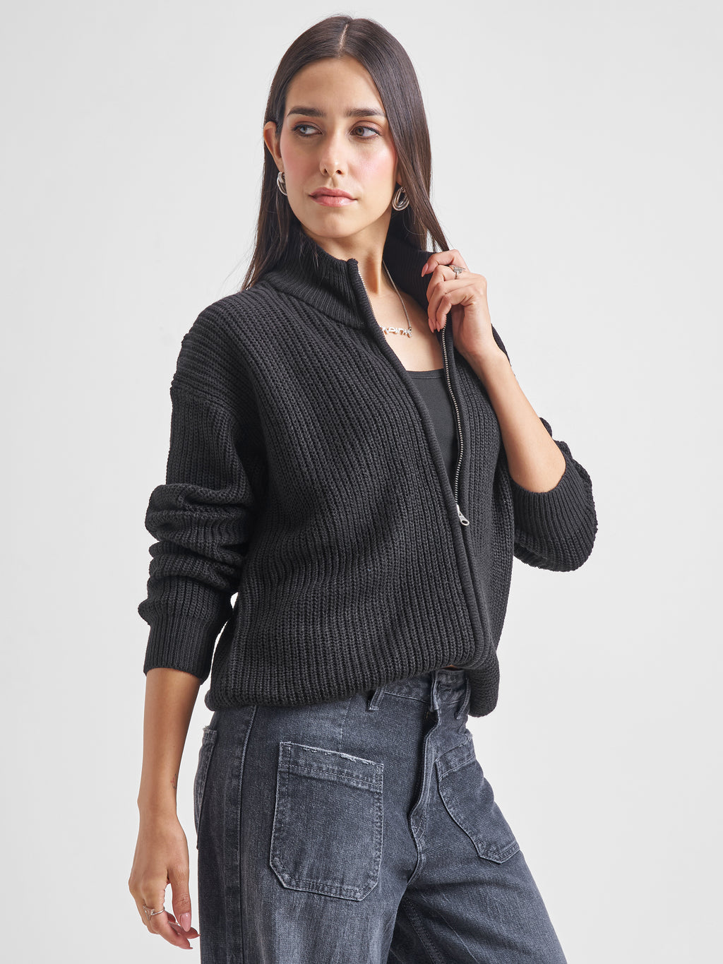 Tokyo Talkies Women Black High Neck Long Sleeve Sweater - Black - Image 6