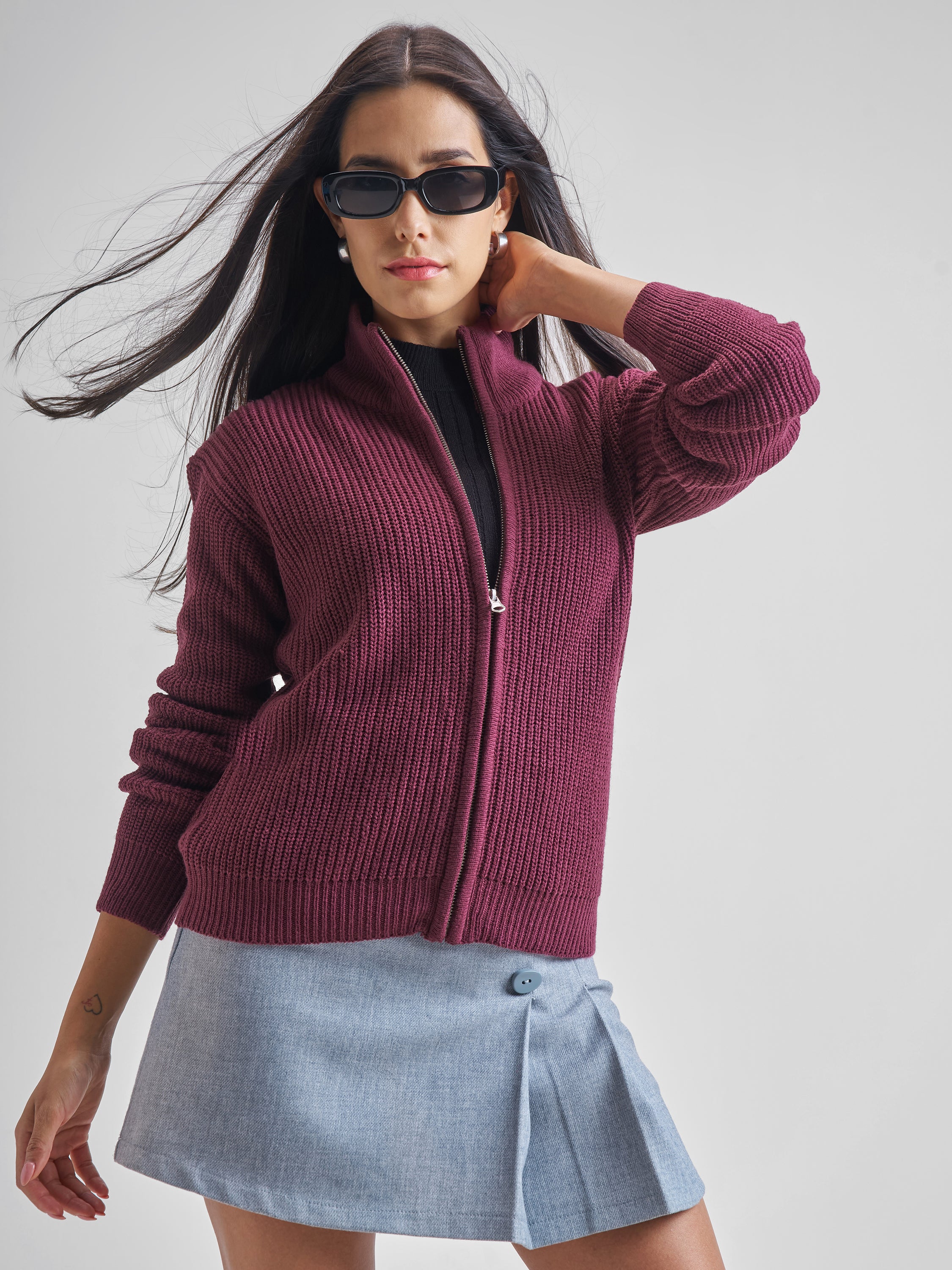Tokyo Talkies Women Maroon High Neck Long Sleeve Sweater - Maroon - Image 1